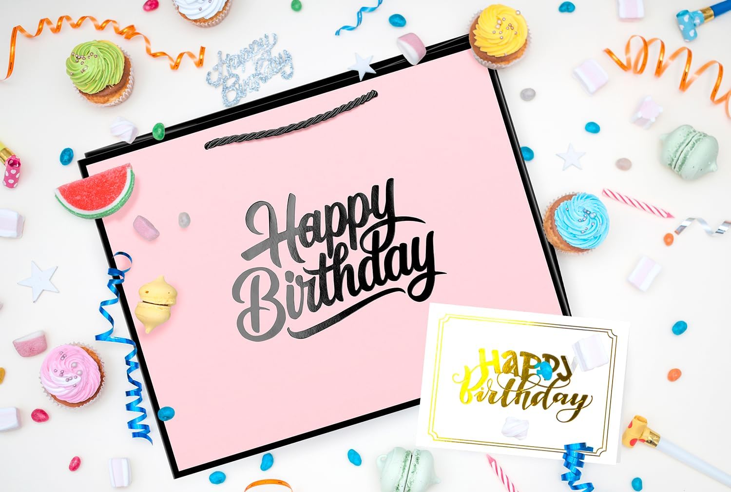 ysmile Pink Black Birthday Gift Bag with Tissue Paper for Women Girls 12.6" Party Favor Ribbon Solid Baby Shower image 5