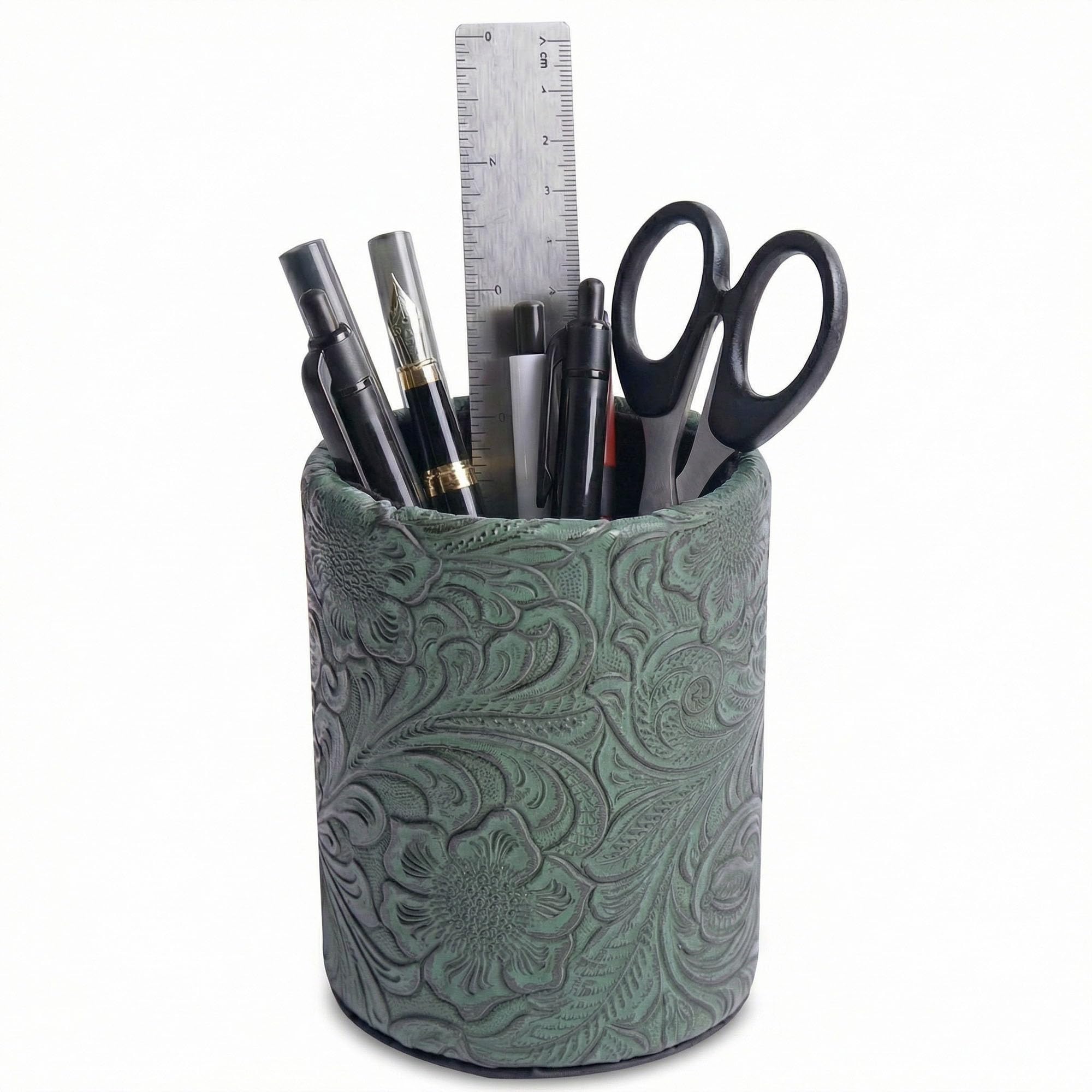 Mtzmy PU Leather Pen Holder Round Flash Makeup Brush Holder Desktop Pencil Storage Holder Gift for Desk Office Classroom Home(1-Carved3 Green)