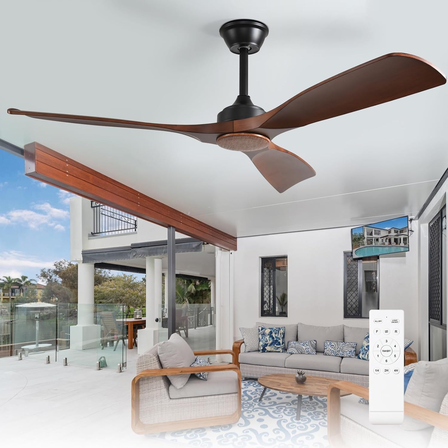 Depuley Ceiling Fan Without Light: 52 Inch Outdoor Fan with Remote App Control for Patio Porch - Walnut Ceiling Fan no Light for Indoor - 3 Blade Fan Reversible 6 Speed Quiet