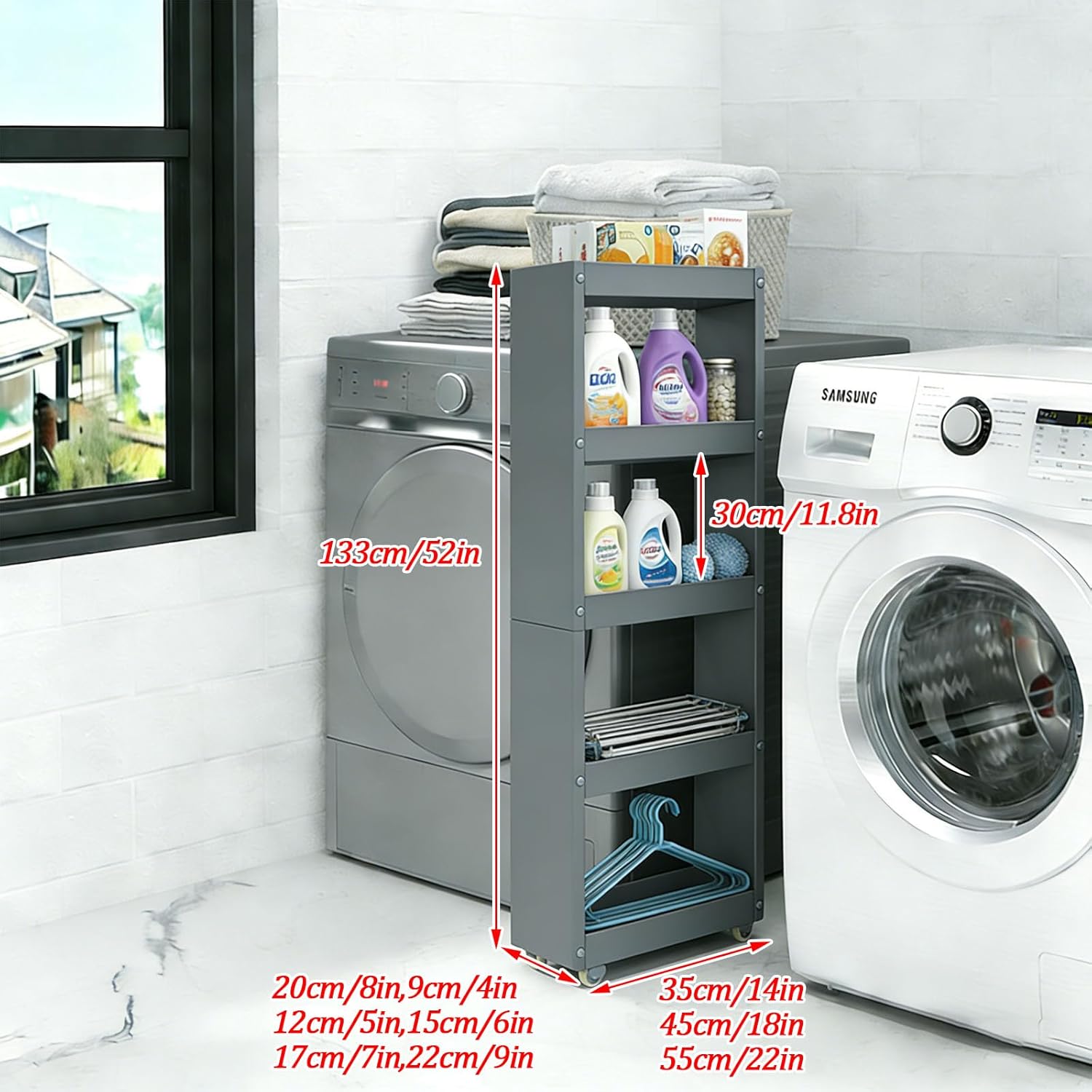 Slim Storage Cart,Rolling Spice Rack Next to Fridge Slim,Kitchen Rolling Cart,Narrow Storage Cabinet,for Kitchen,Bakers,Pantry,Dining Room,Gray,5Tier L22×W7×H52