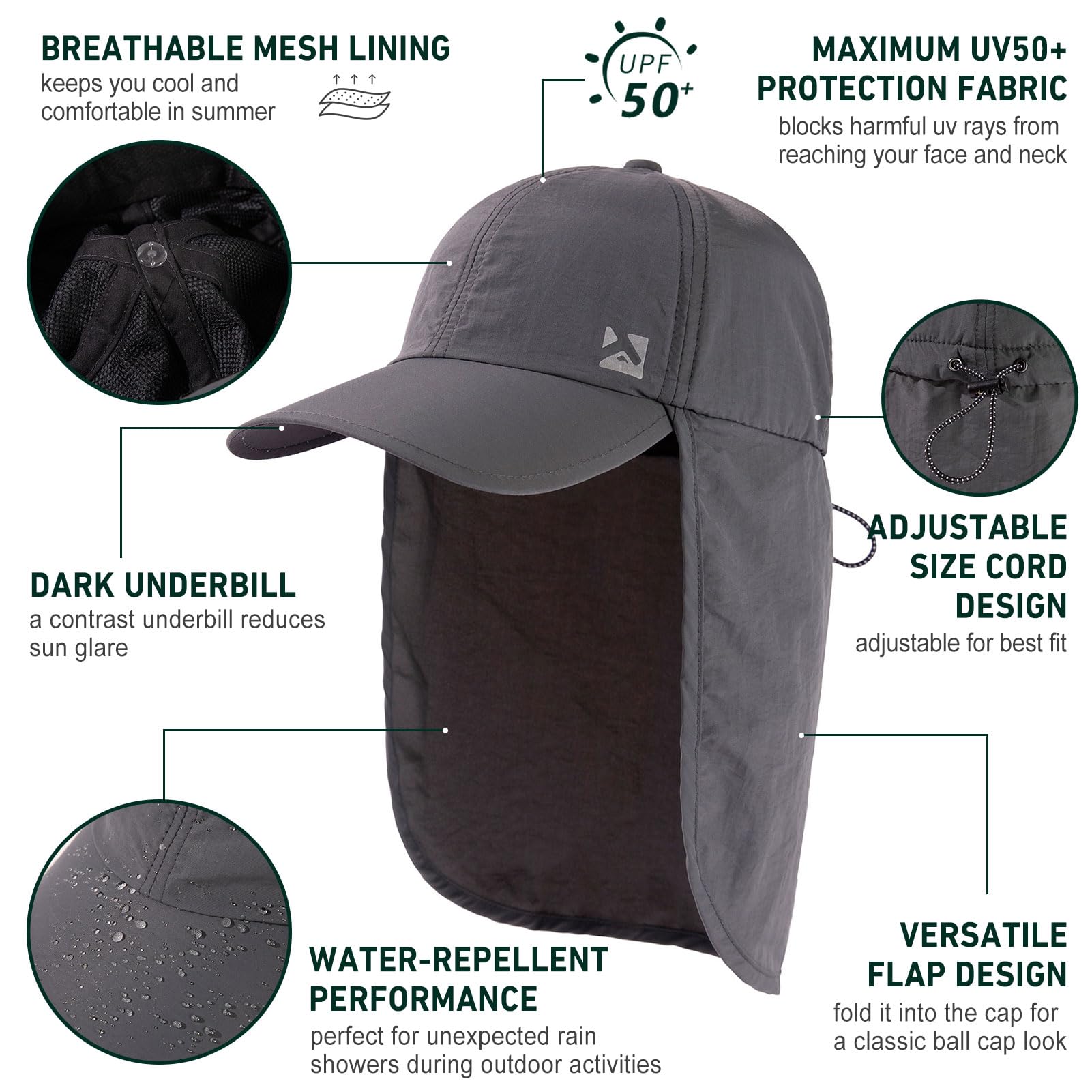TOP-EX Casquette de baseball imperméable pour homme et femme avec rabat de cou, protection UV, pliable, chapeau d'été, safari, randonnée, chapeau de plein air, respirant, réglable