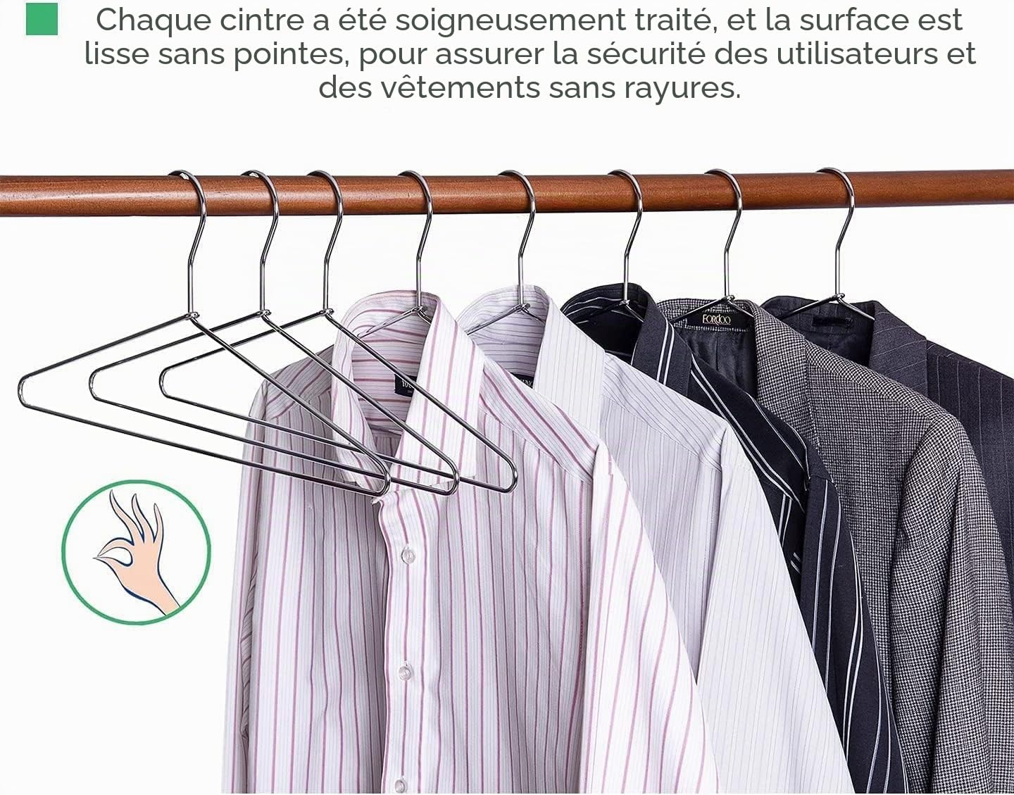 Amber Home Lot de 20 Cintres de Vêtements en Fer Métal Chromé Argenté 43cm, Élégants et de Qualité, pour Costumes T-Shirts Chemises Vestes Robes, Durables