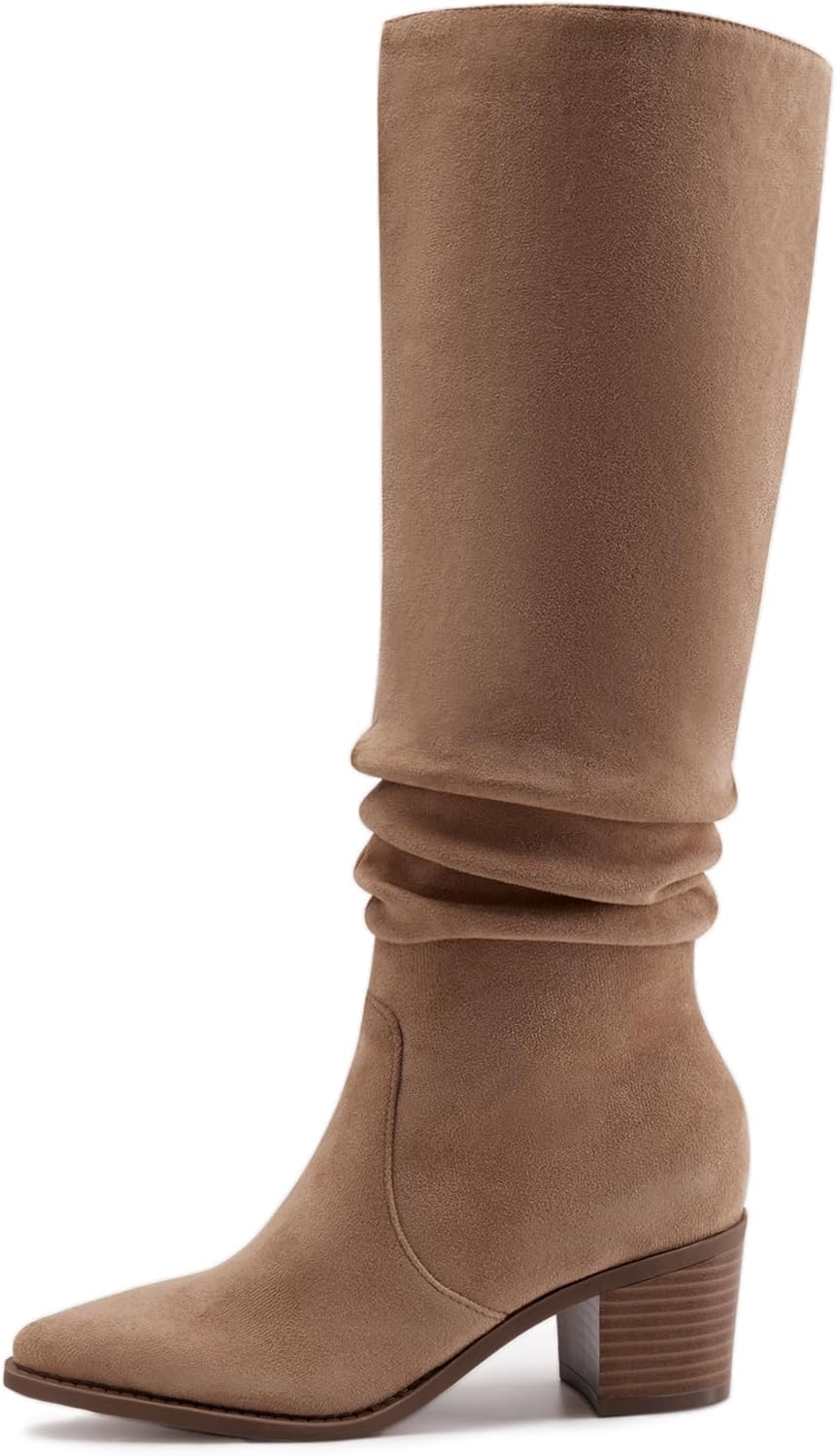 Athlefit Womens Knee High Chunky Heel Boots Faux Suede Pointed Toe Side Zipper Boots - Image 4