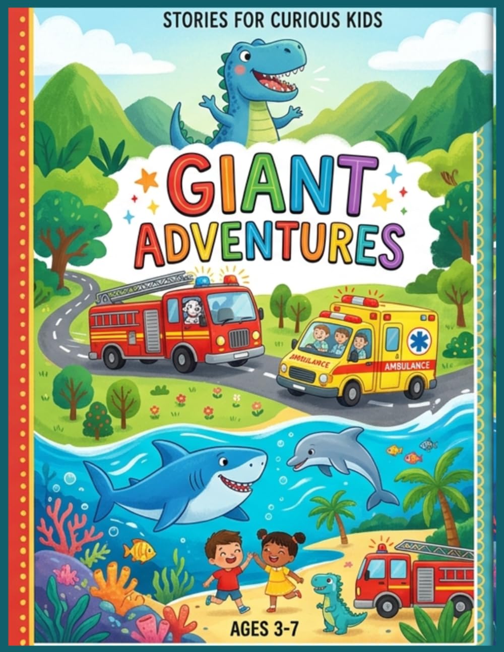 "GIANT ADVENTURES": Coloring Book and Dot to Dot for Kids Ages 3-7: Fun Activity Book with Dinosaurs, Sharks and Rescue Vehicles