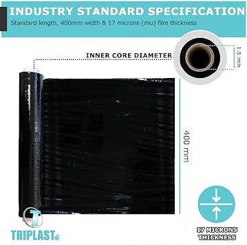 Triplast 400mm Black Pallet Stretch Wrap - Standard Core, 17mu Thick - Plastic Shrink Wrap & Industrial Cling Film for Removals & Warehouse Packaging Use (1 Roll)