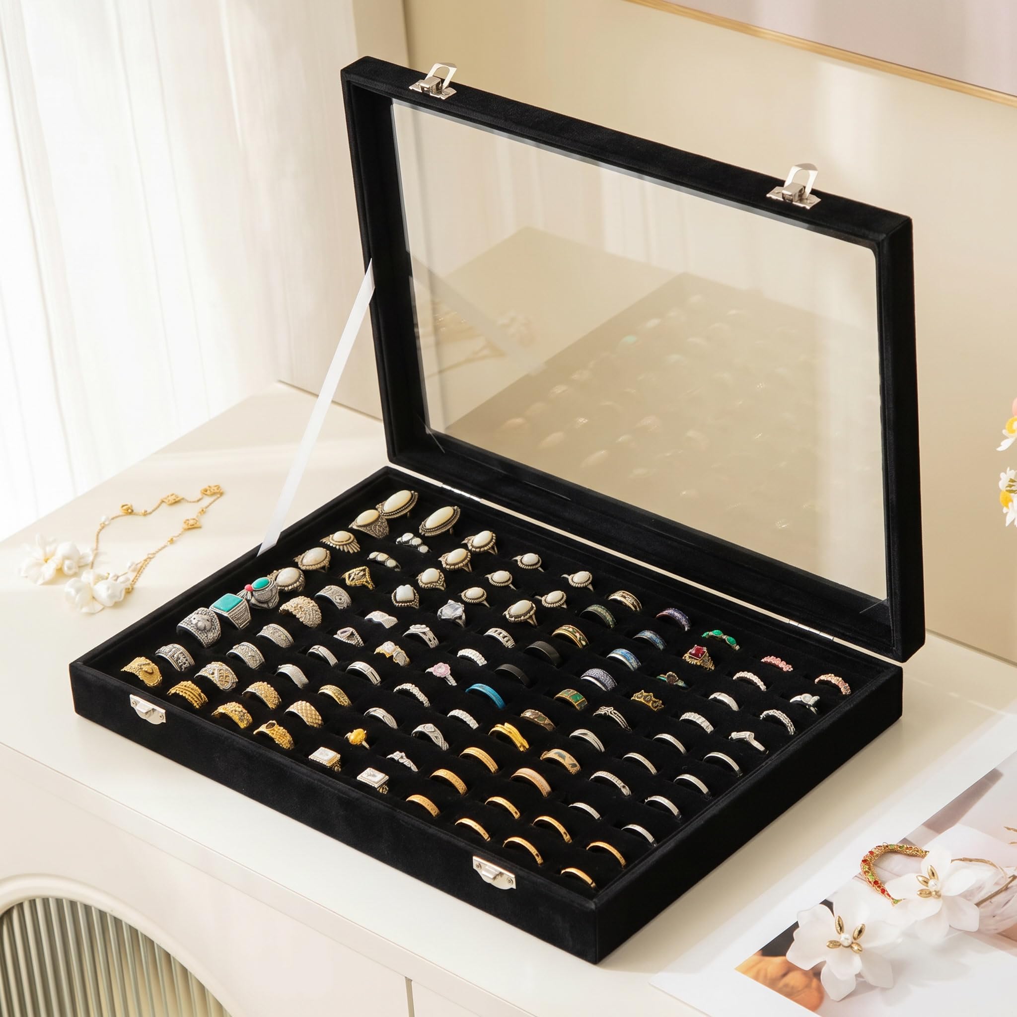 Frebeauty Organizer na pierścionki, 100 przegródek, uchwyt na pierścionek z przezroczystą pokrywką, aksamitny pierścień, pudełko do przechowywania, do sklepu jubilerskiego, na pierścionek, pudełko na