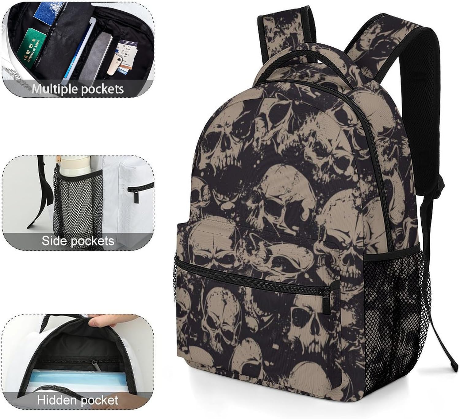 Retro Skull Lightweight Travel Backpack With Zipped Front Pocket Printed Laptop Bag Fashion Casual Daypack For Work, Hiking, Camping Unisex - Image 5