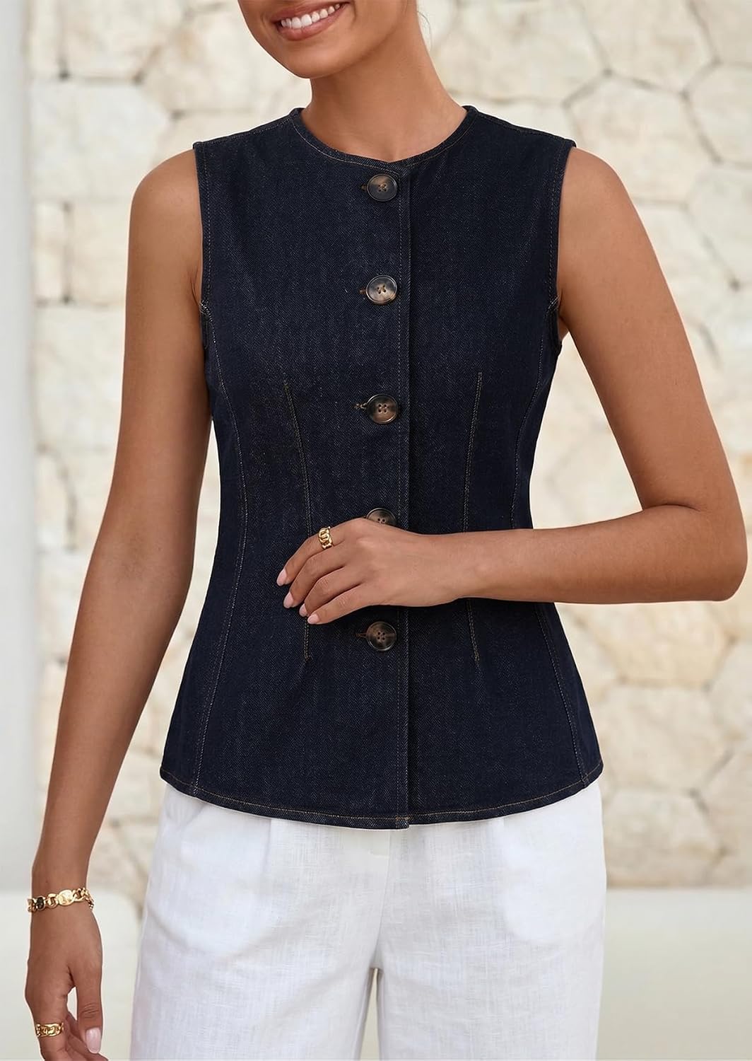 YEXPINE Women's Button Down Denim Vest Crewneck Slim Fit Waistcoat Casual Jean Tank Top