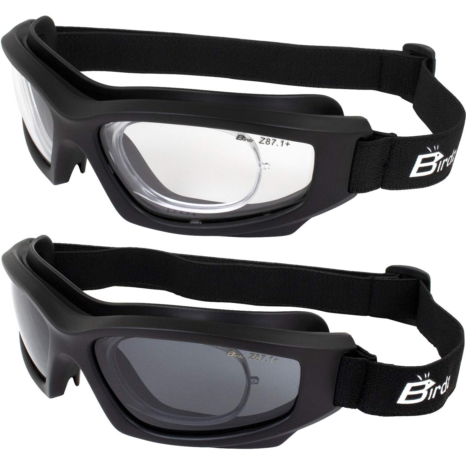 BirdzEyewear Flyer Sports Skydiving Goggles 2 Pairs ANSI Z81+ Super Seal Safety Goggles with Clear & Smoke Lenses & Rx Adaptors