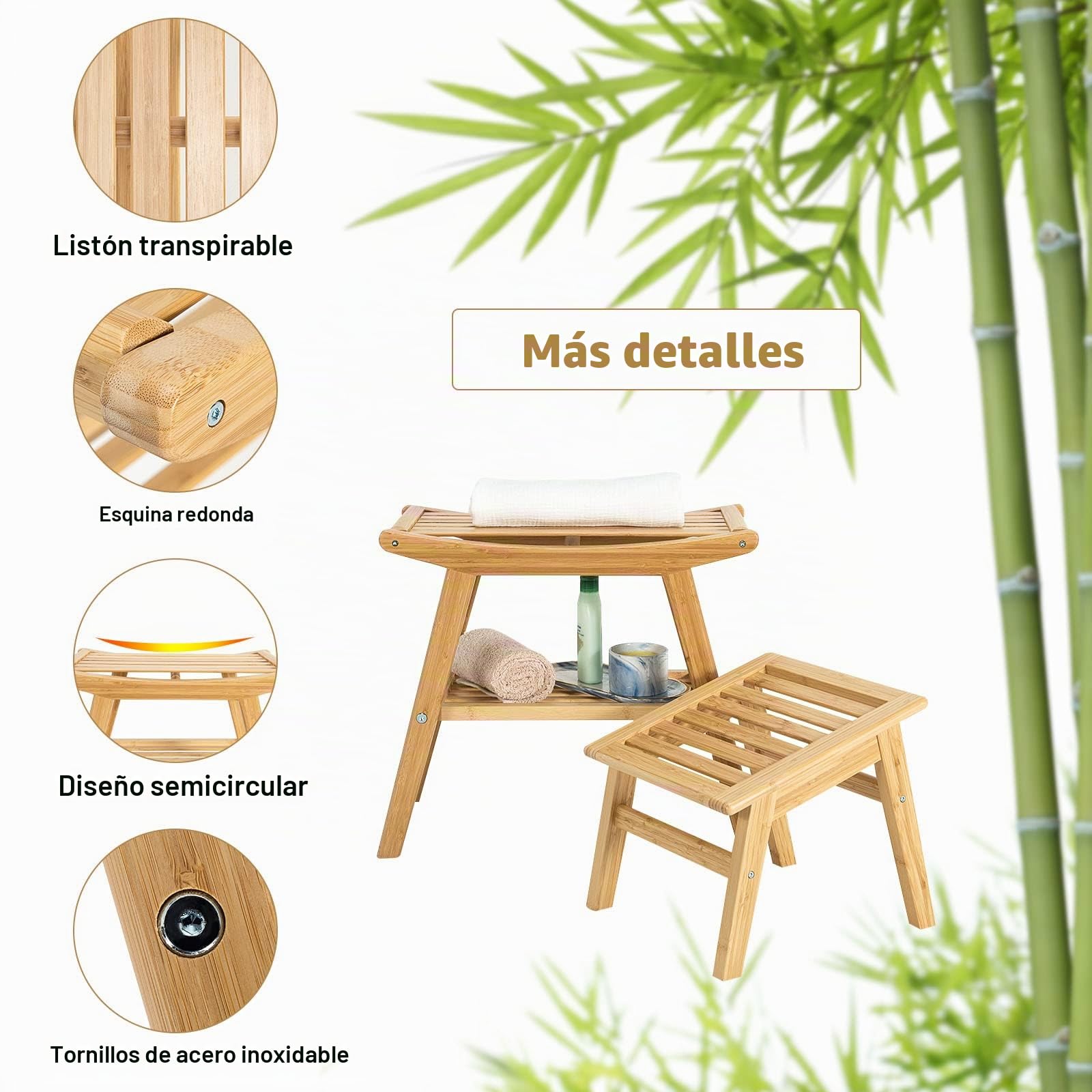 RELAX4LIFE Banco de ducha con reposapiés de bambú, banco con estante, asiento de baño con pies antideslizantes, soporta hasta 150 kg, ayuda para el baño para mujeres embarazadas y mayores, color