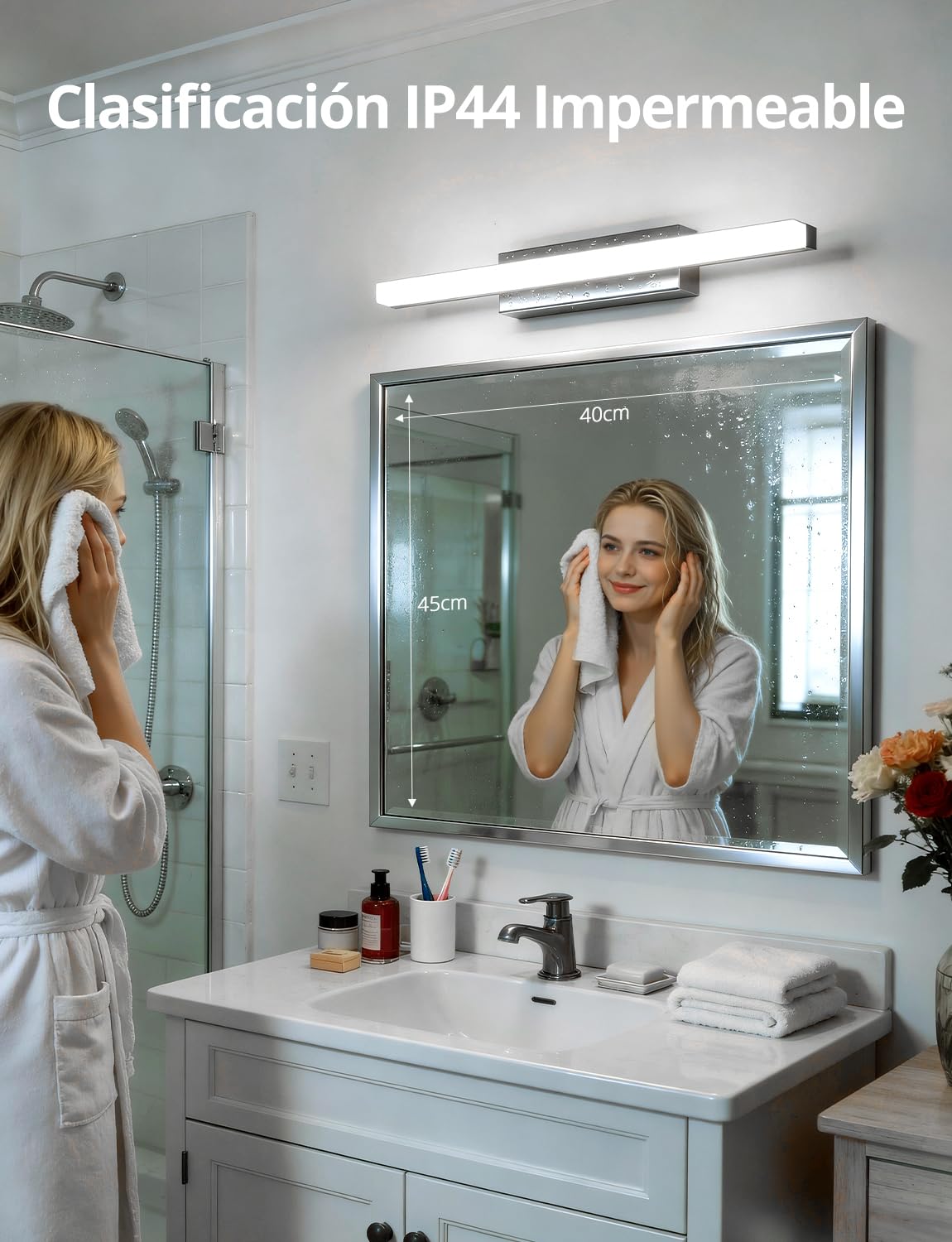 Yafido Aplique Espejo de Baño 40CM LED Maquillaje Luz Blanco Natural Para Lavabo, 9W Cromo IP44 Lampara 6000K Cuarto Luces Tocador Pared 230V Bathroom Light sobre Mirror