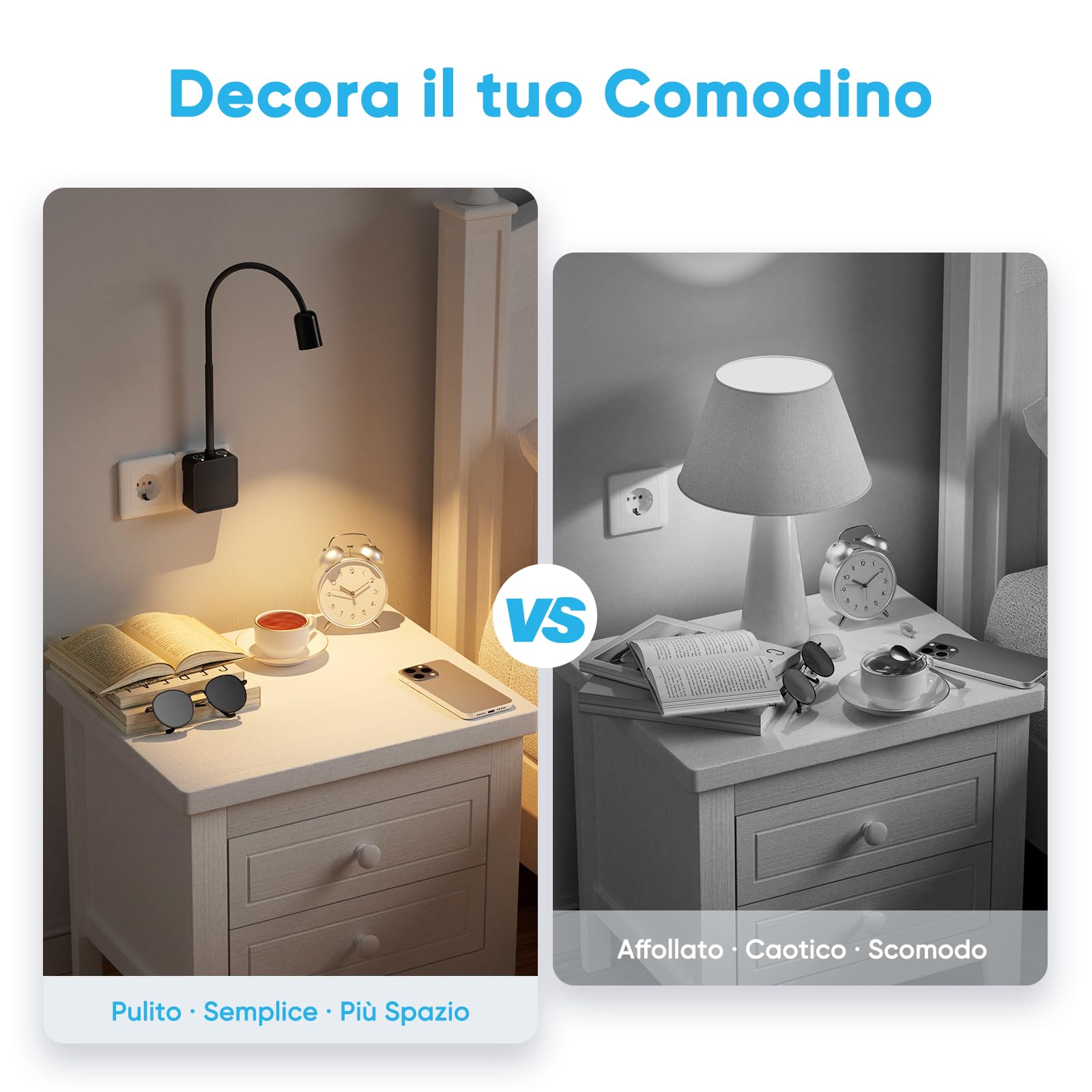 Lampada Applique da Parete da Lettura Faretto LED Dimmerabile Nera con Spina per Leggere a Letto, Due Interruttore Tocchi, 3 Colore Illuminazione, Angolo di Luce 50°, Confezione da 2