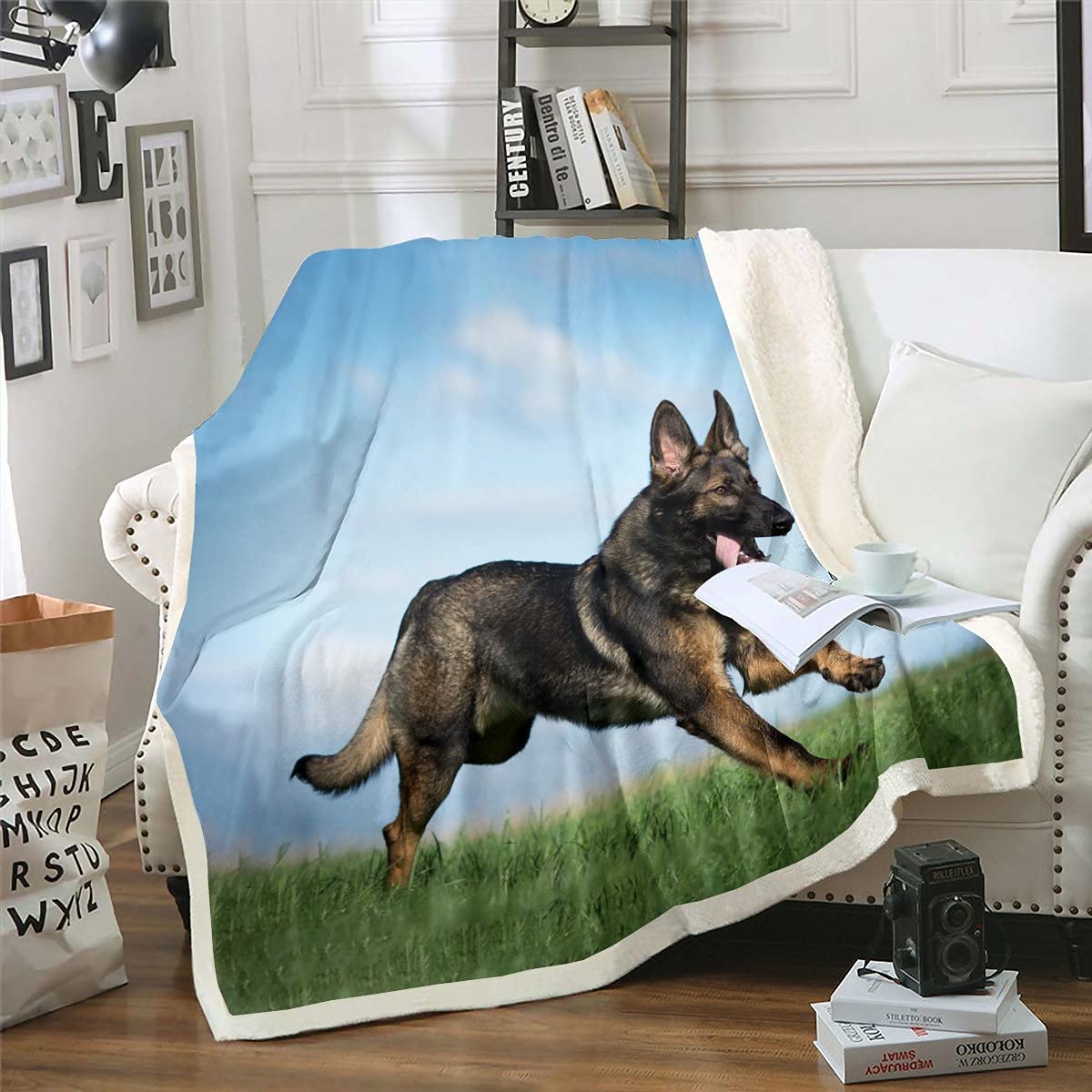 Homemissing Boys 3D Dog Sherpa Blanket German Shepherd Fleece Throw Blanket for Kids Girls Safari Wild Animal Plush Blanket Cute Running Wolf Dog On The Grassland for Sofa Bed,King 87x94 Inch — image 1