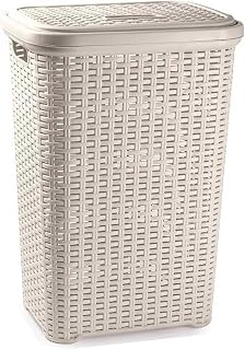 AC - Cesto para Ropa Sucia con Tapa y Asas - Estilo Rattan - Fabricado en españa - Cubo pongotodo para Colada - Diseño imitación Mimbre - Capacidad 60 litros - 61,5 x 42,5 x 34 cm - Color Beige