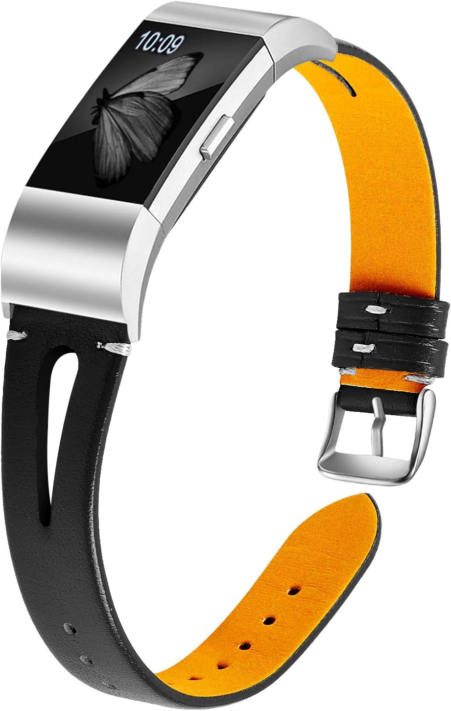JOYOZY Genuine Leather Bands Compatible with Fitbit Charge 2 Smartwatch,Slim Wristbands Replacement Accessories Women Men Stylish Feminine Breathable Triangle Hole Design Charge 2 Strap Black