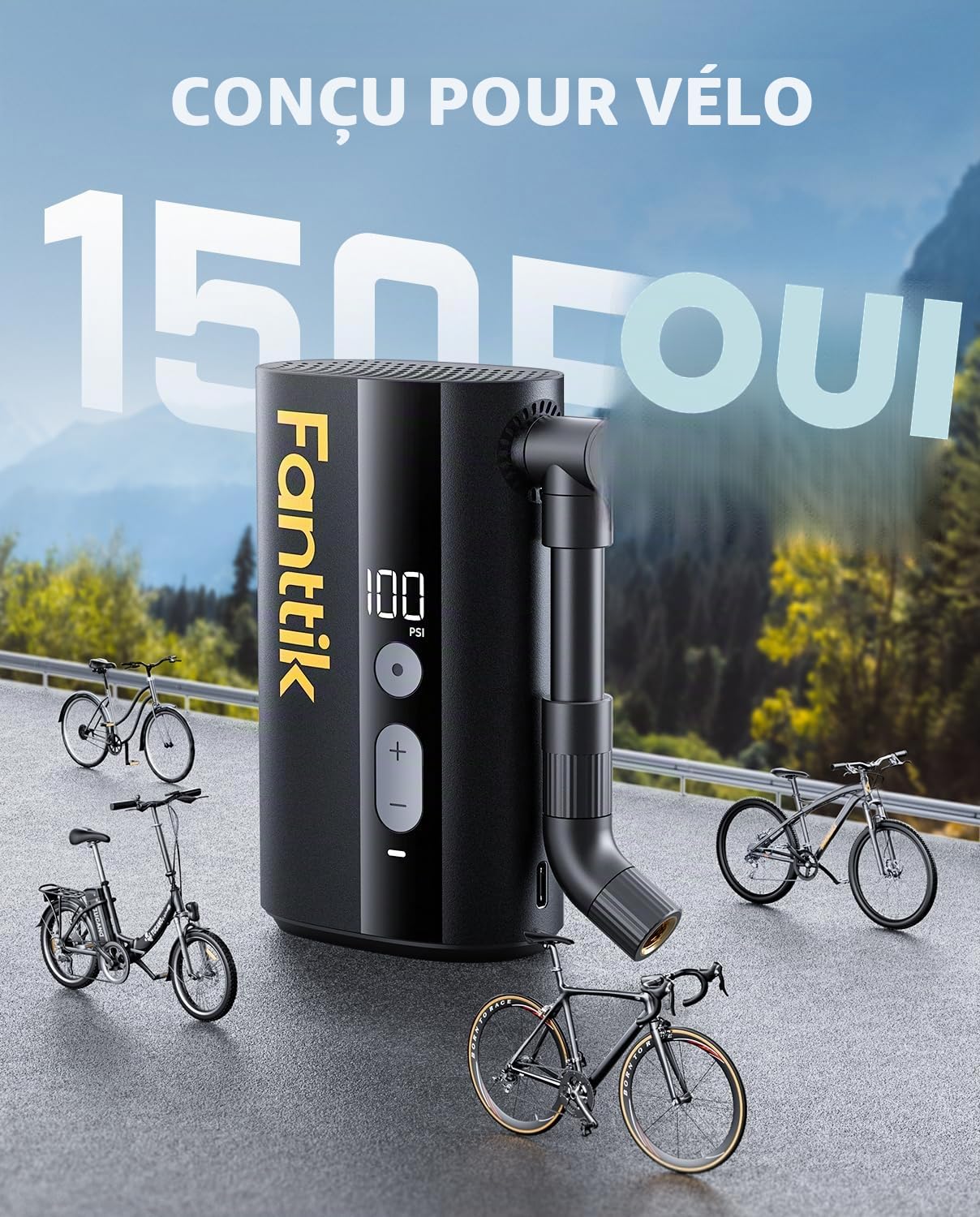 Fanttik X9 Ace Pompe à Vélo électrique, gonflage Rapide de 32s gonfleur Electrique Velo, 150PSI Pompe a Velo Electrique avec Valve Presta et Schrader, pour Vélo de Route, VTT, Vélo électrique&Urbain