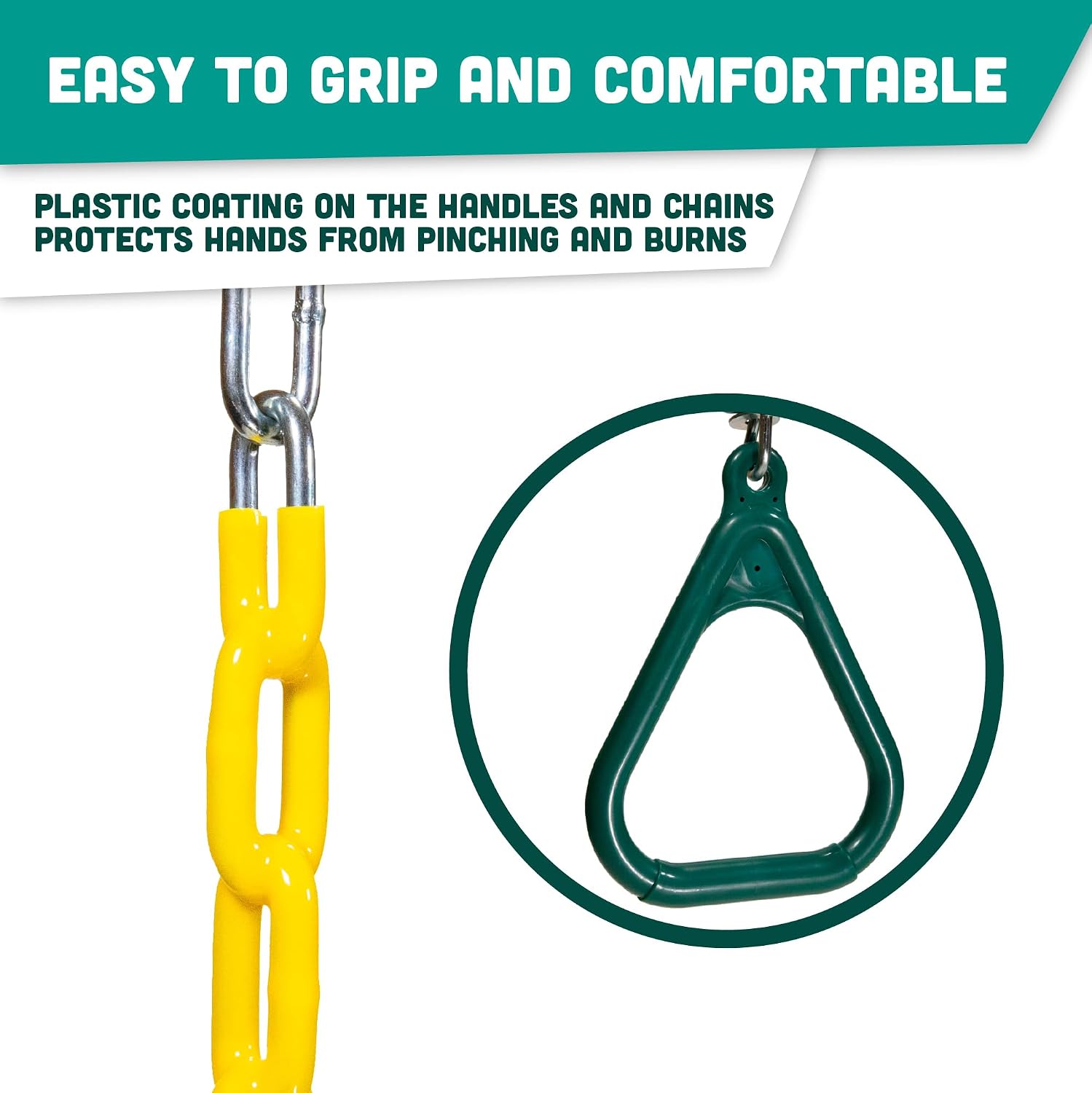 Squirrel Products Fully Coated Trapeze Swing Bar with Rings Heavy Duty Chain Swing Set Accessories Designed for Backyard Playground Sets Green