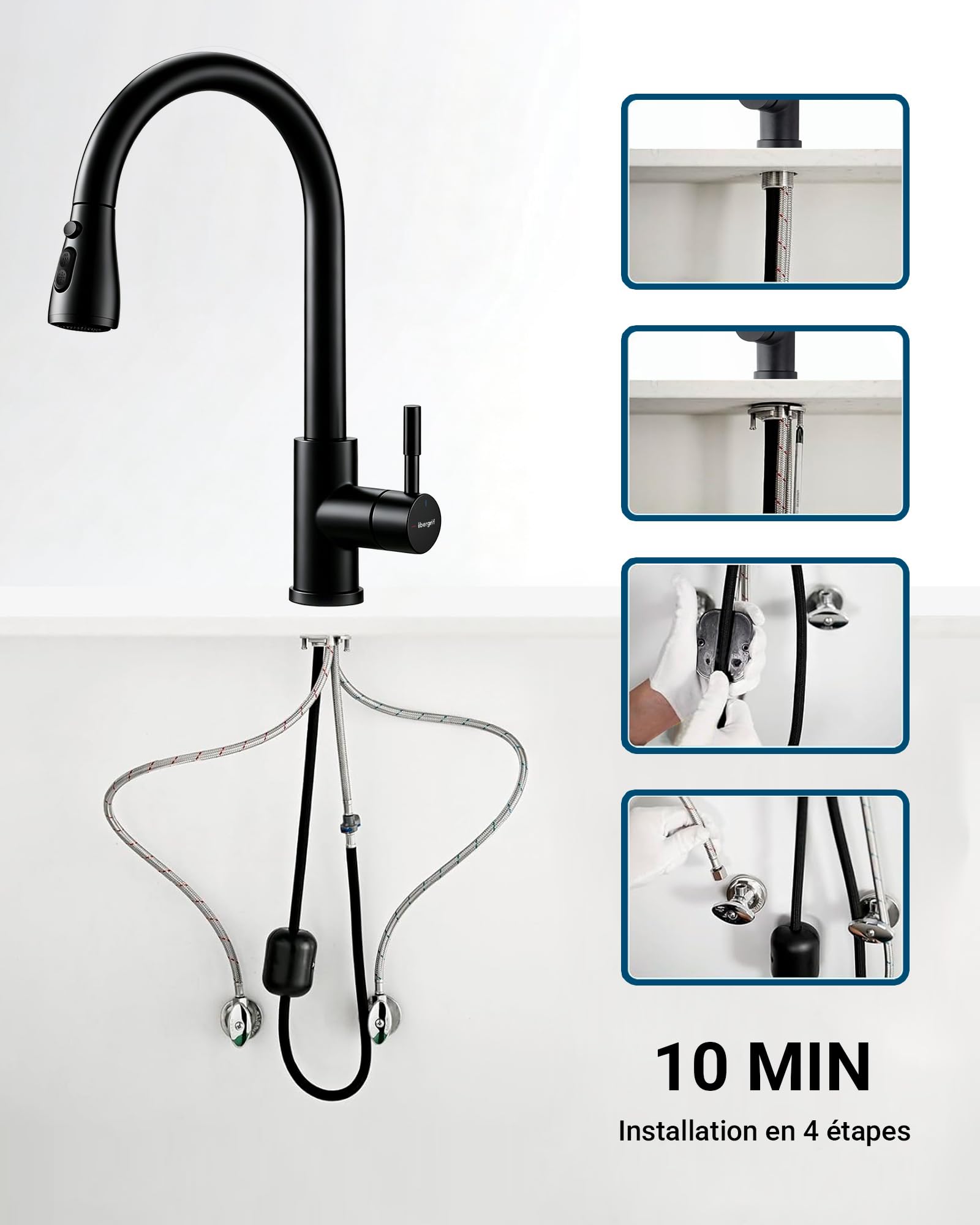 Ibergrif Robinet Cuisine 360° Pivotant Douchette Extractible, Mitigeur Évier Acier Inoxydable Noir Chromé, 3 Modes de Pulvérisation, Économie d'Eau,M22136B