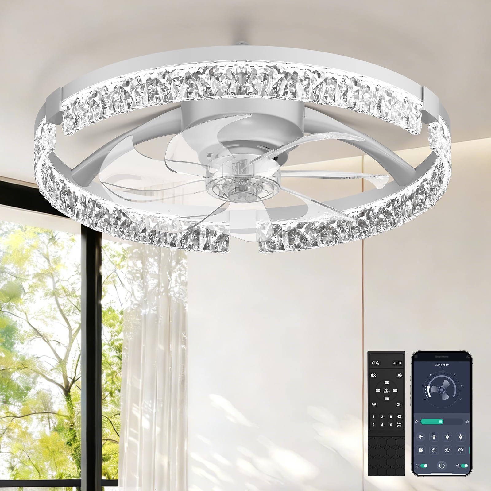 Photo 1 of AIKVSXER 20" Low Profile Ceiling Fan with Light and Remote, Dimmable LED Flush Mount Ceiling Fan, 6 Speeds, White Modern Design for Bedroom/Living Room ?White-Crystal?