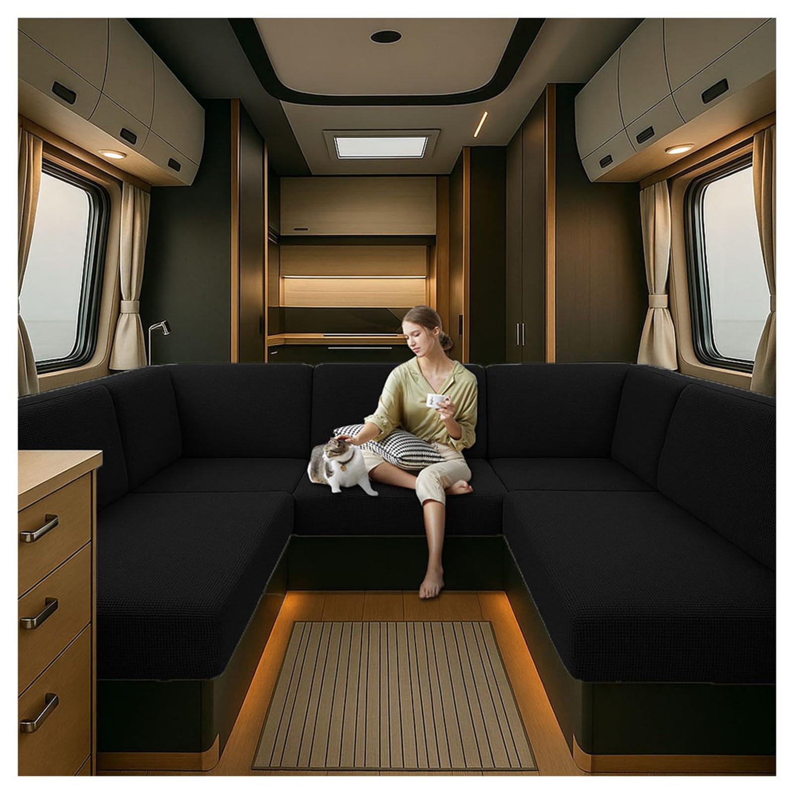 Caravan Seat Cover Waterproof Stretch Jacquard, Non-slip RV Dinette Cushion Covers with 2 Straps with Elastic Straps Multi-Size Fit for Camper, Motorhome & Indoor (Black,W 130-160 cm, D 60-90 cm)