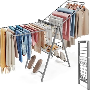 SYKIARIOL Clothes Drying Rack Foldable, Height Adjustable Clothes Airer, Metal Drying Rack Laundry, Portable Drying Rack Indoor & Outdoor For Sweater Baby Clothes, Grey