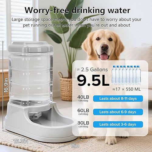 Miniatura 2 de Kenond Dispensador automático de agua para perros de 2.5 galones, cuenco de agua por gravedad para perros, dispensador de agua grande de 9.5 L,