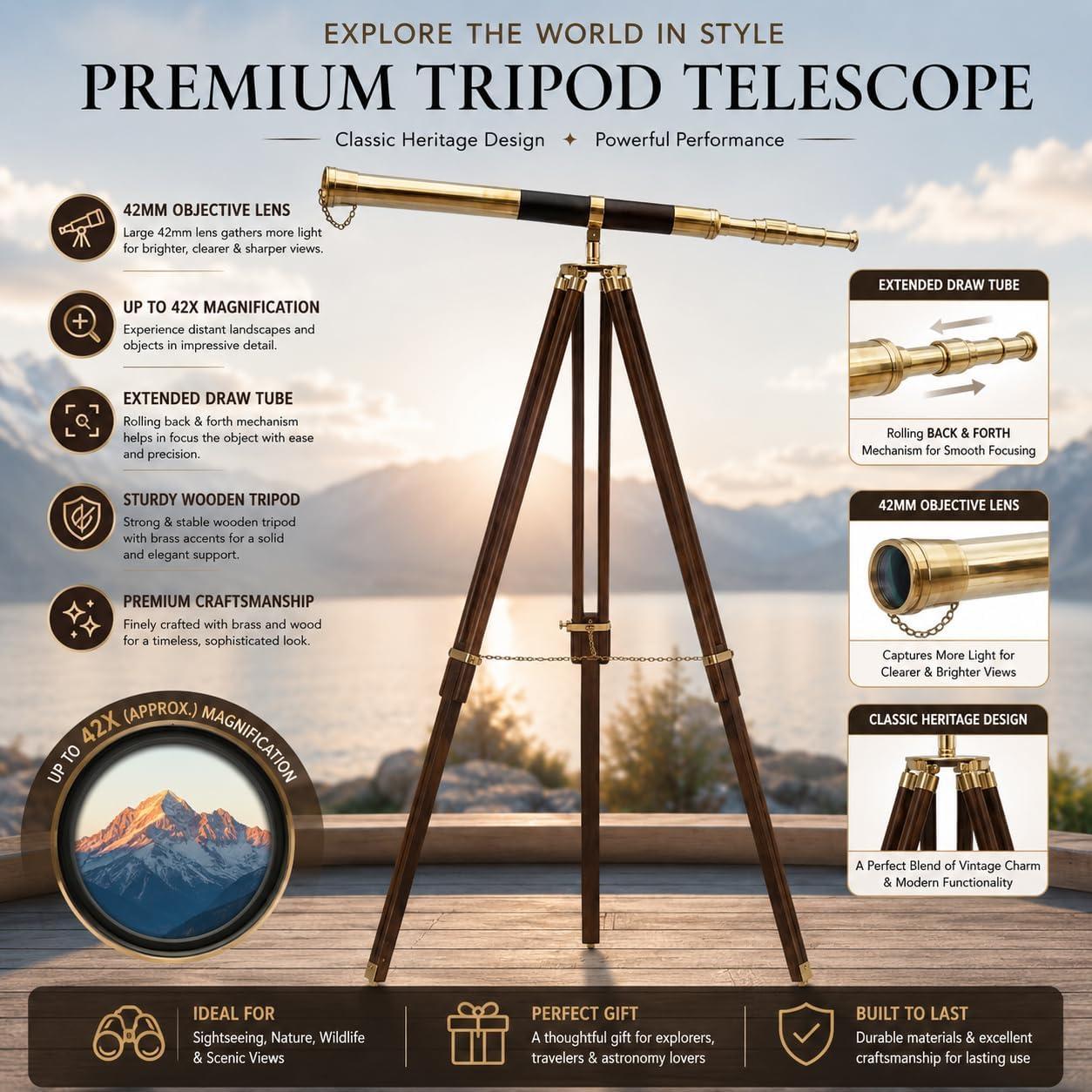 Antique Vintage Brass Telescope Nautical Spyglass with Wooden Tripod Stand – Maritime Marine 20X Magnification Floor Telescope Collectible Gift