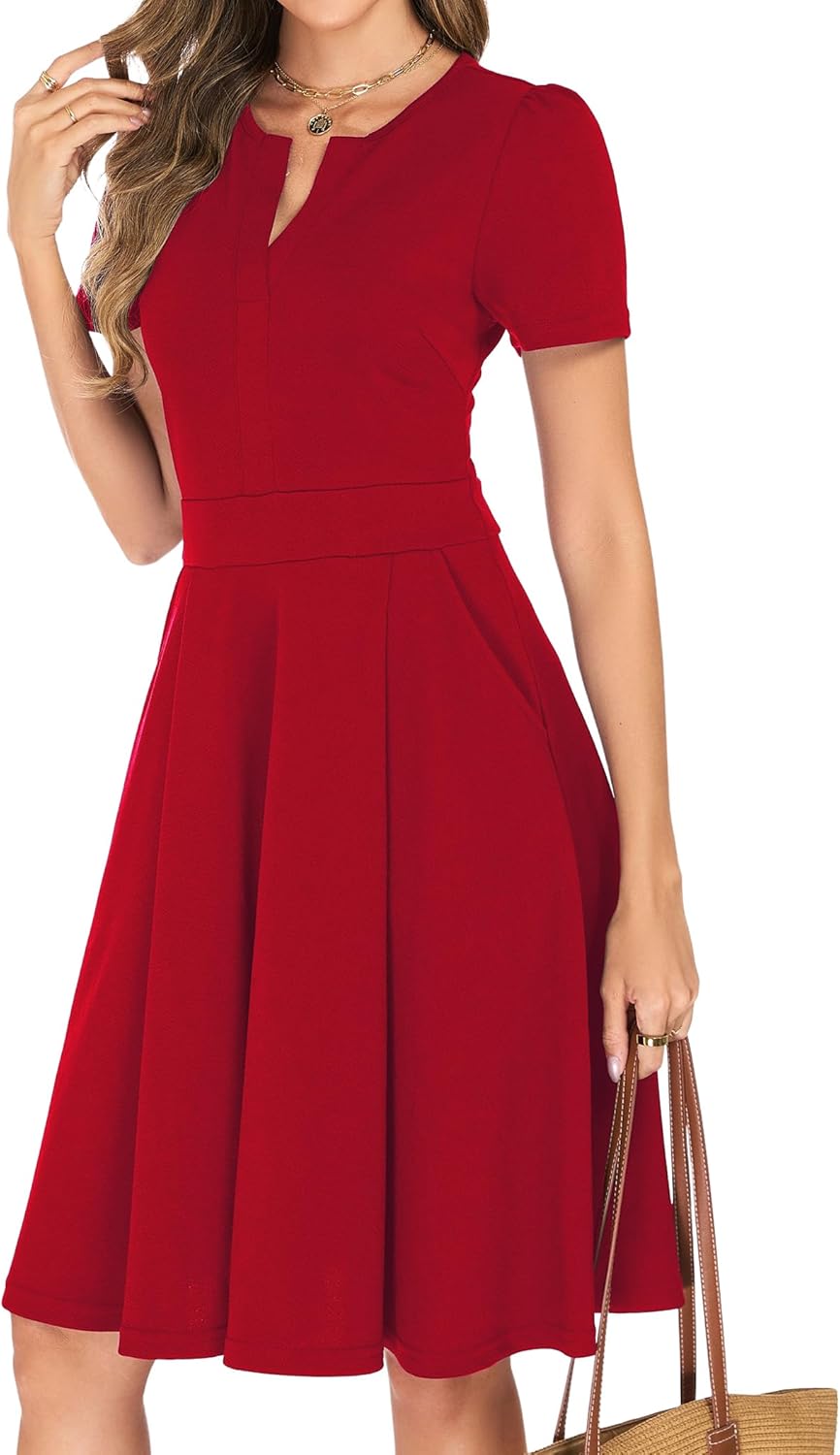 Womens Summer Short Sleeve V Neck Knee Length Fit and Flare A Line Vintage Business Casual Work Dresses with Pockets - Image 6