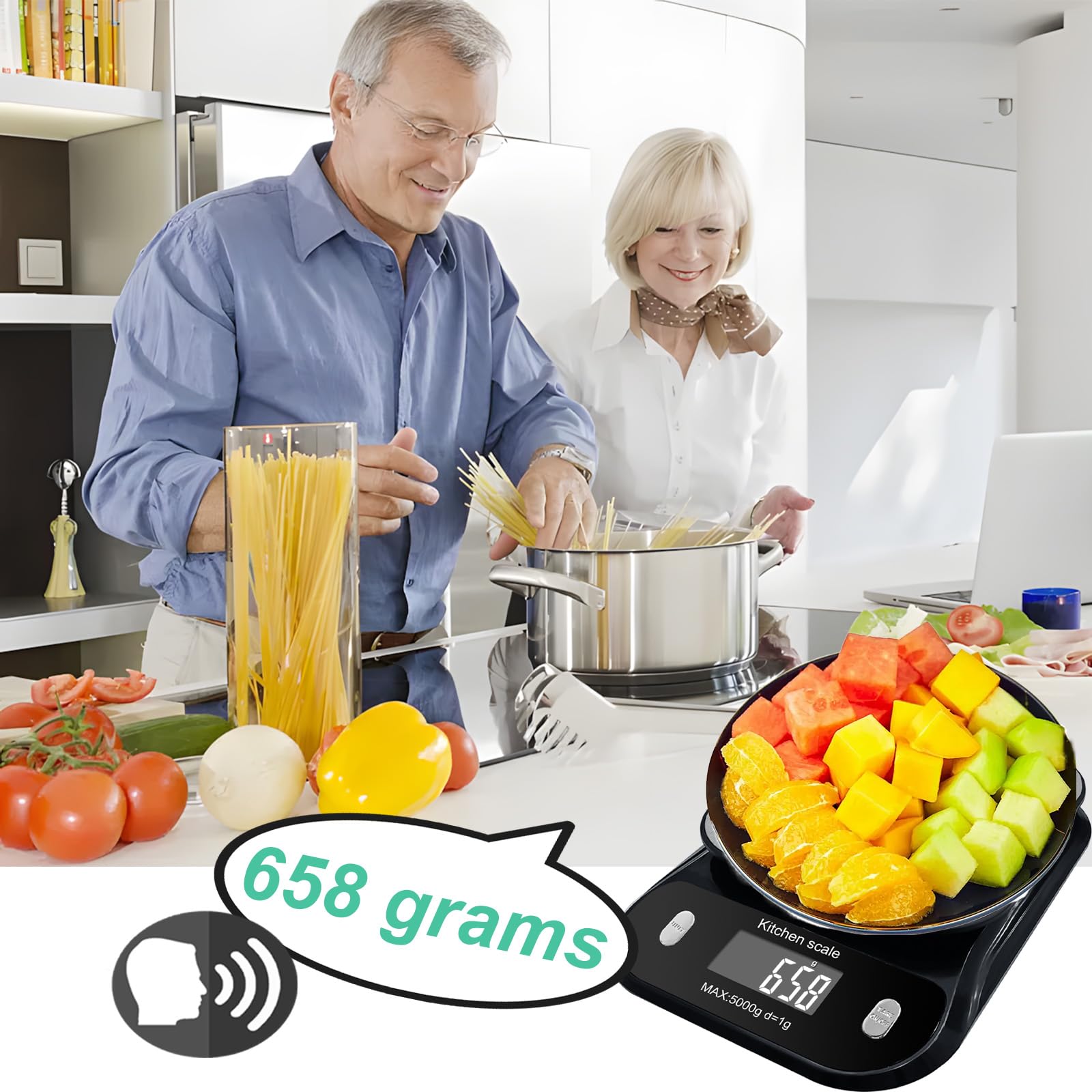 Báscula de cocina digital parlante, báscula electrónica de cocina, báscula de alimentos parlante con pantalla LCD grande, báscula de pesaje de alimentos con plataforma de disco de acero inoxidable,