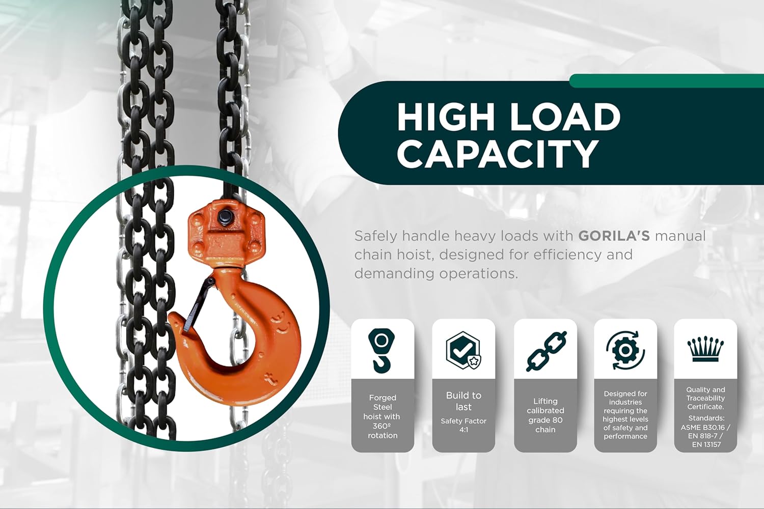 GORILA Hand Chain Hoist with 2 Heavy Duty Hooks and Forged Locks | 2200LBS - 10FT (1 Ton - 3 Meters) | Safety Factor 4:1 | Since 1989