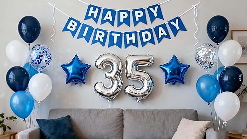 Vista 43 de Decoración de fiesta de cumpleaños número 31, color azul plateado para hombres, pancarta de feliz cumpleaños número 31, globos de papel de aluminio