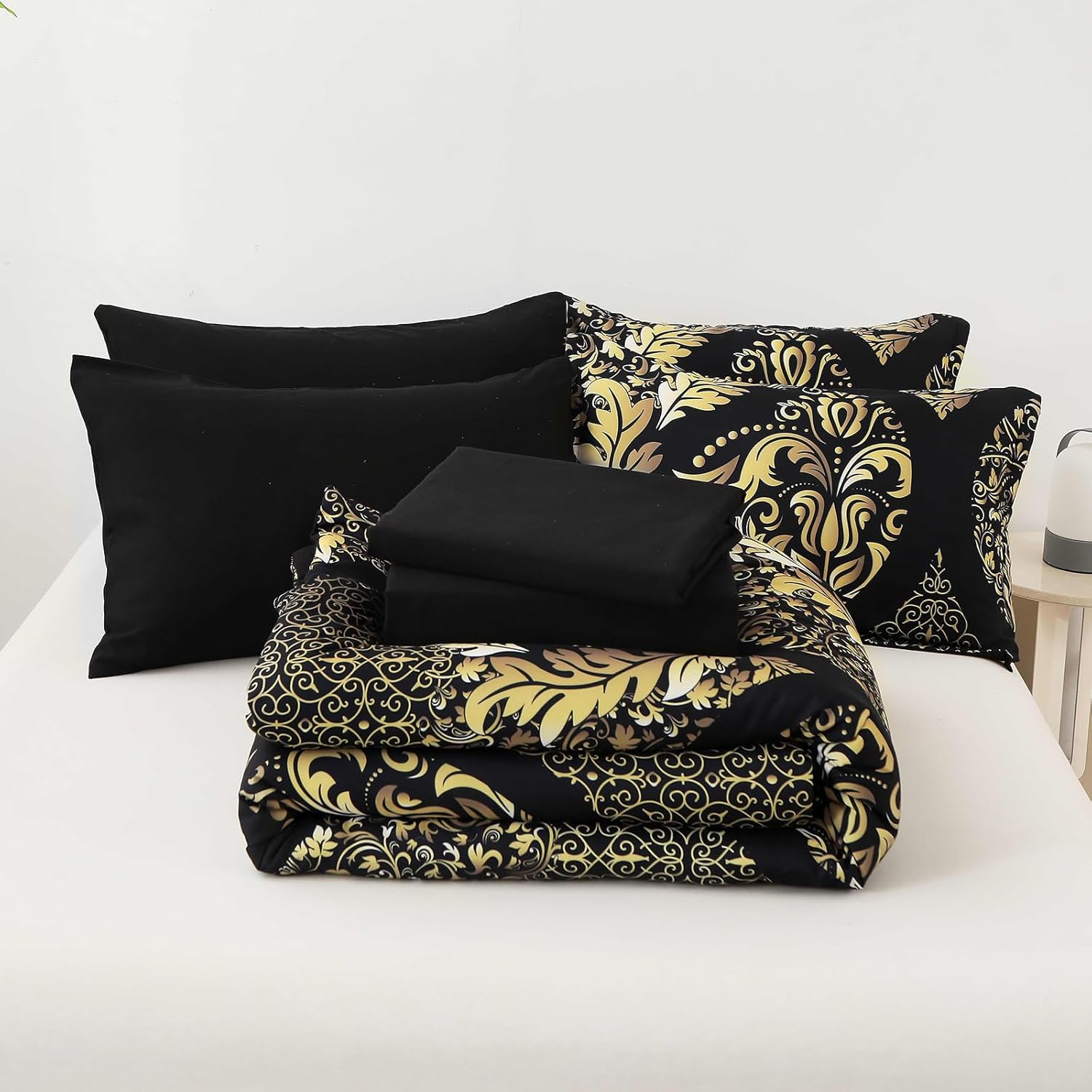 Anibedding Black Gold Comforter Set California King Size, 7 Pieces Bohemian Damask Comforter Set Soft Lightweight Microfiber Bedding Set for All Season (104"x96")