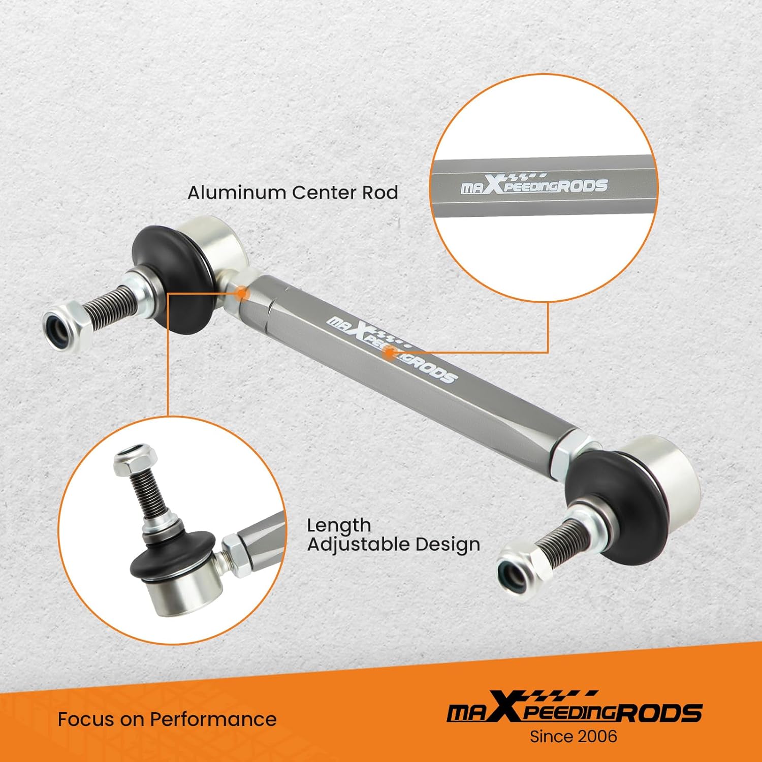 Close-up of a sway bar end link showing aluminum center rod and adjustable design