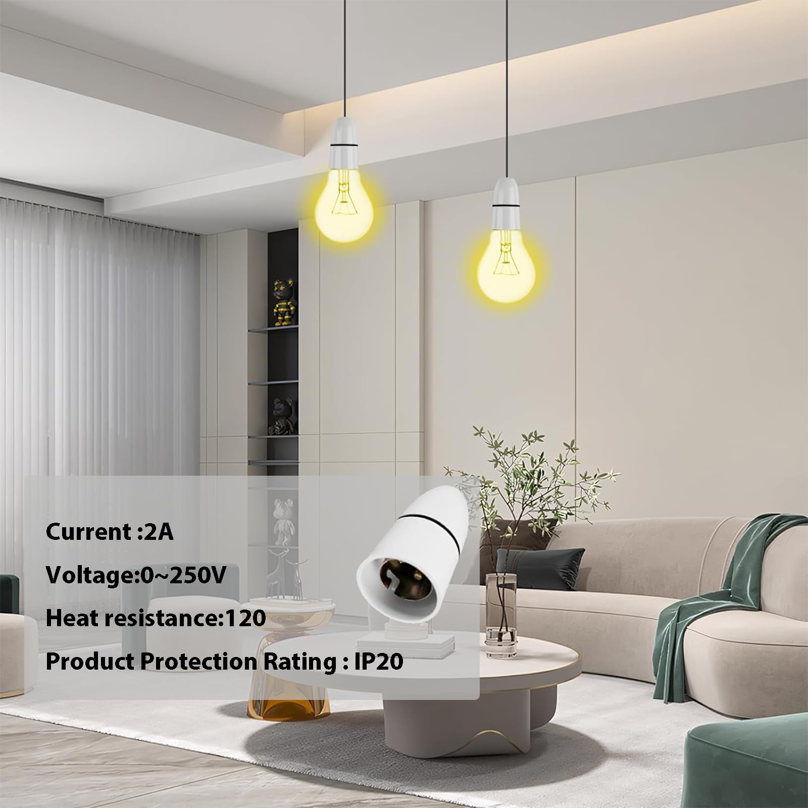 2 Pack B22 Bayonet Pendant Lamp Holder,Ceiling Pendant Light Fitting,White Bayonet Cap Ceiling Lamp Bulb Holder,Temperature Resistance Ideal for Ceiling Mount,Chandelier,Hanging,Wall Mount - Image 2
