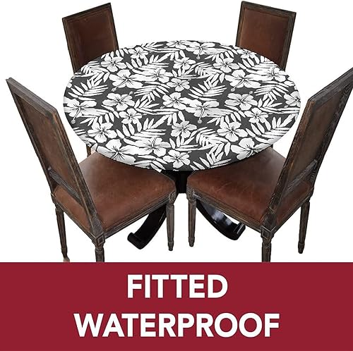 Miniatura 3 de Mantel redondo tropical ajustable, diseño de flores de hibisco exótico, tamaño XX pequeño, con borde elástico, apto para mesa redonda de 24 a 28