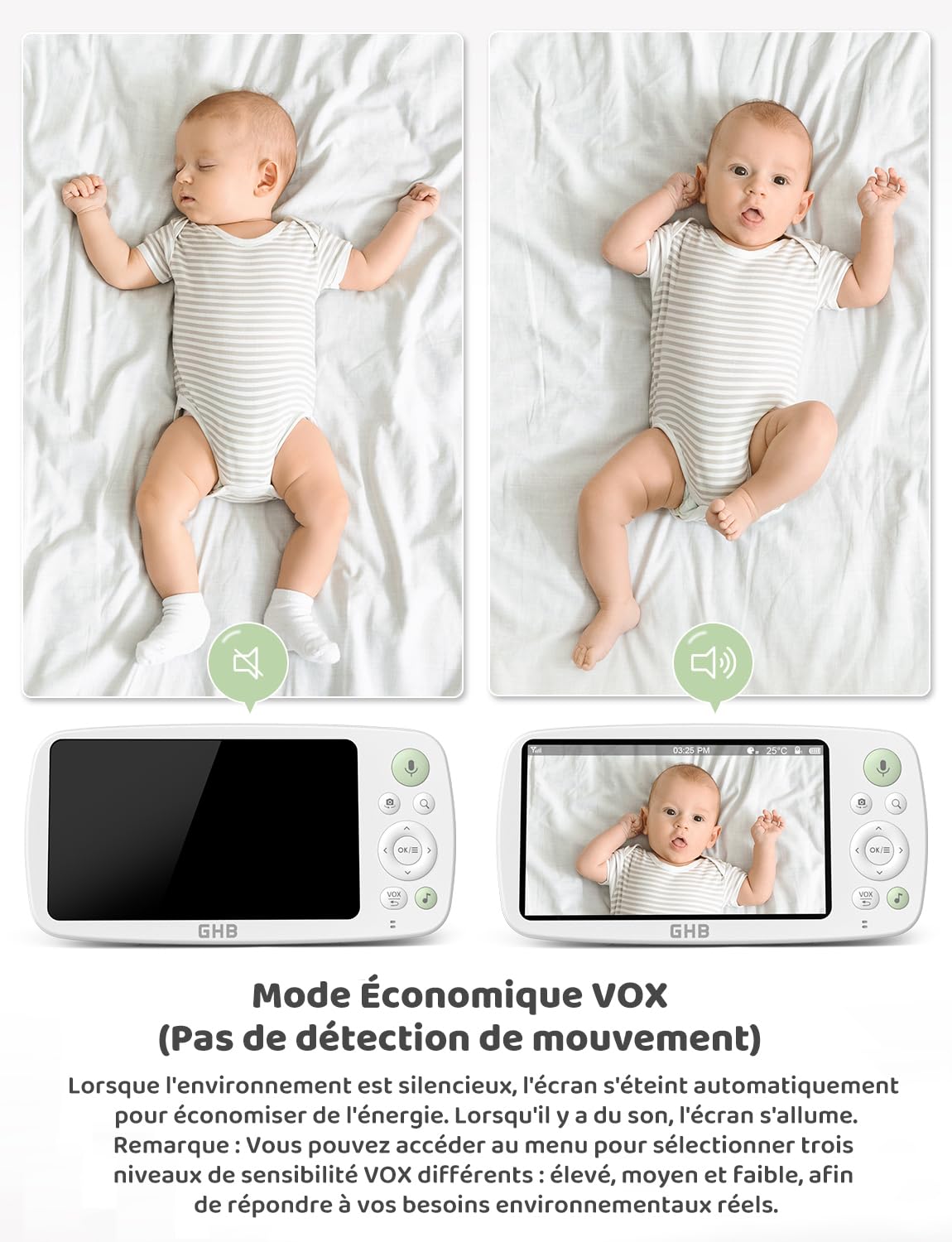 GHB Babyphone Caméra 5'' HD 1080P Caméra Bébé avec Longue Autonomie Batterie 4000 mAh 7 x 24H en Mode VOX 4X Zoom Communication Bidirectionnelle Vision Nocturne Capteur de Température
