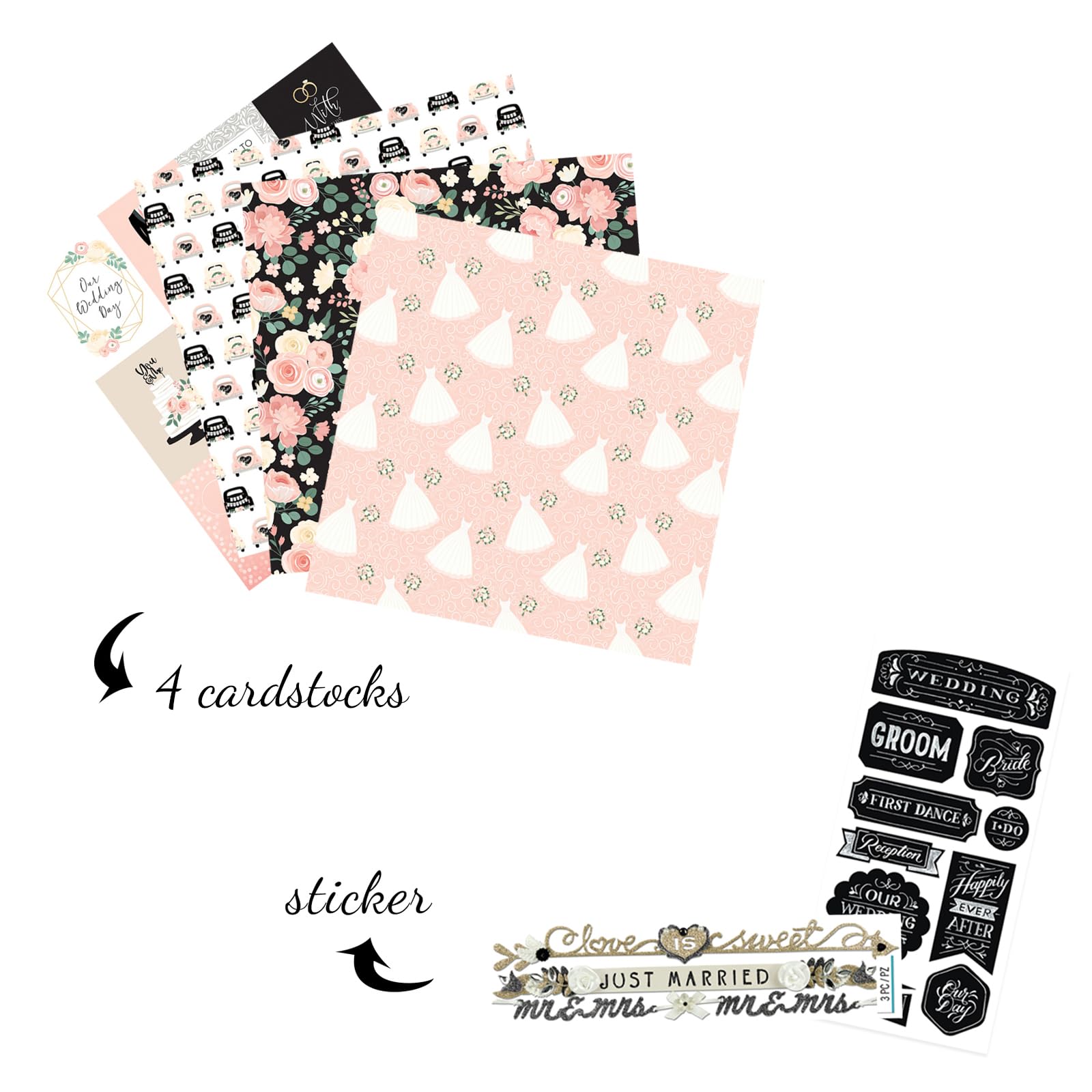 Hochzeitsscrapbook-Papier, 30,5 x 30,5 cm, doppelseitiges Hochzeits-Themenpapier, Aufkleber für Scrapbooking, Planer, Jubiläumsalbum, Fotobuch – niedliches Bastelset, insgesamt 6 Stück