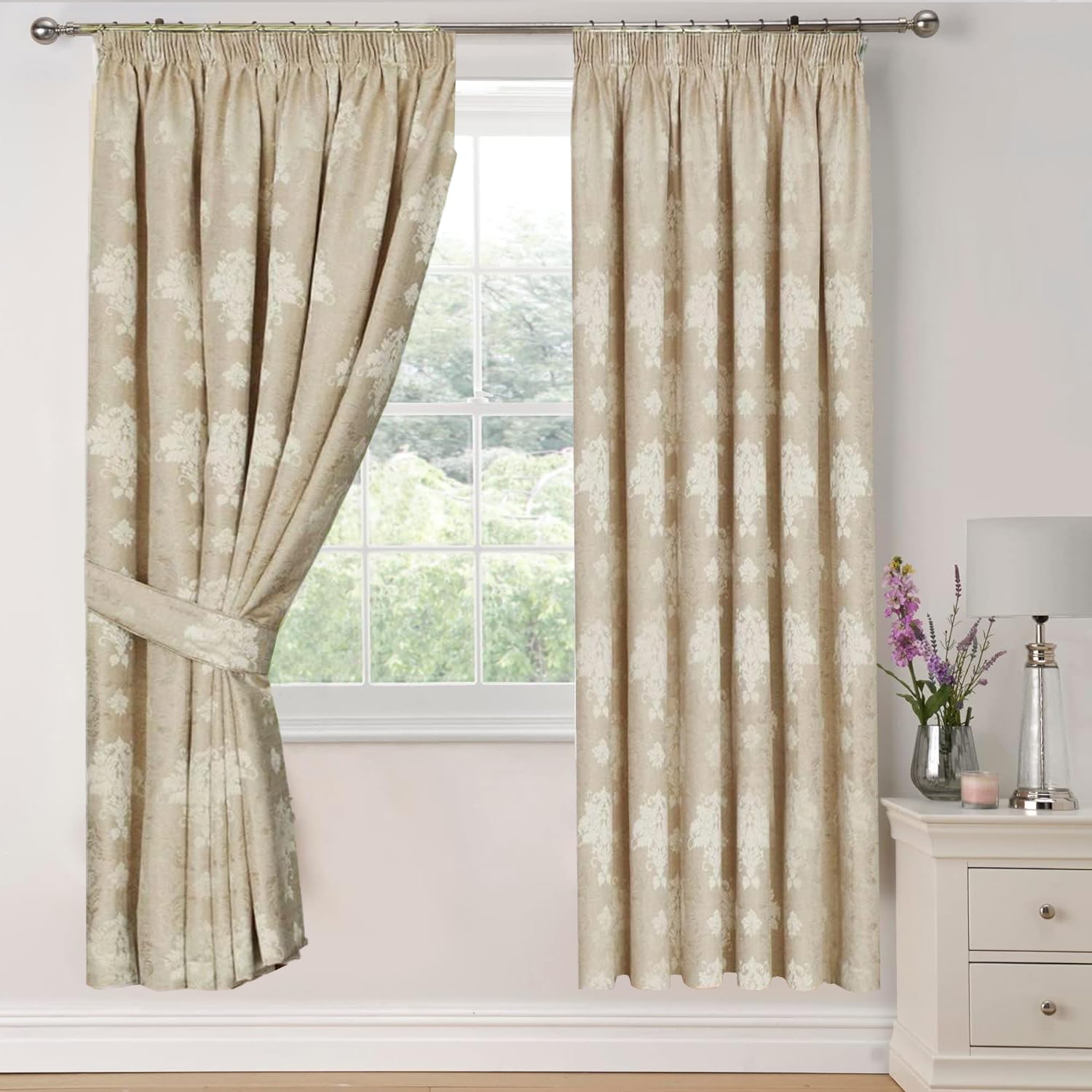 Modern Curtains for Living Room Fully Lined Pencil Pleat Luxury Jacquard Virginia Bedroom Curtains (Beige, 90″x 90″ (228 x 228cm))