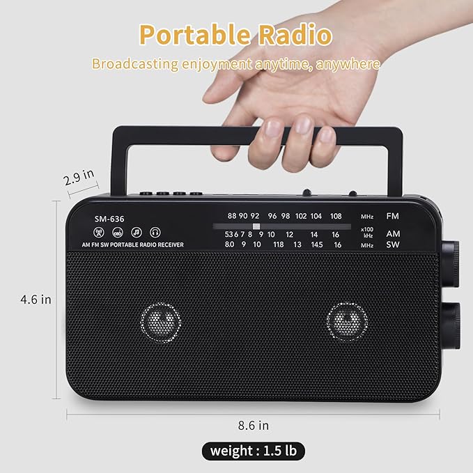 Radio portátil AM/FM/SW con Bluetooth, AC o batería miniatura 5