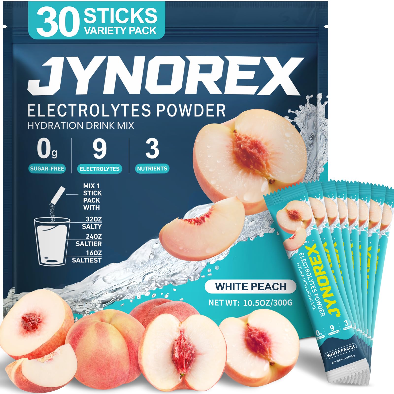 Electrolytes Powder Packets Sugar Free, 30 Sticks High Sodium Hydration Packets, Low Calorie Electrolyte Packets Drink Mix Liquid Daily IV with White Peach, 10.5OZ White Peach 0.35 Ounce (Pack of 30)