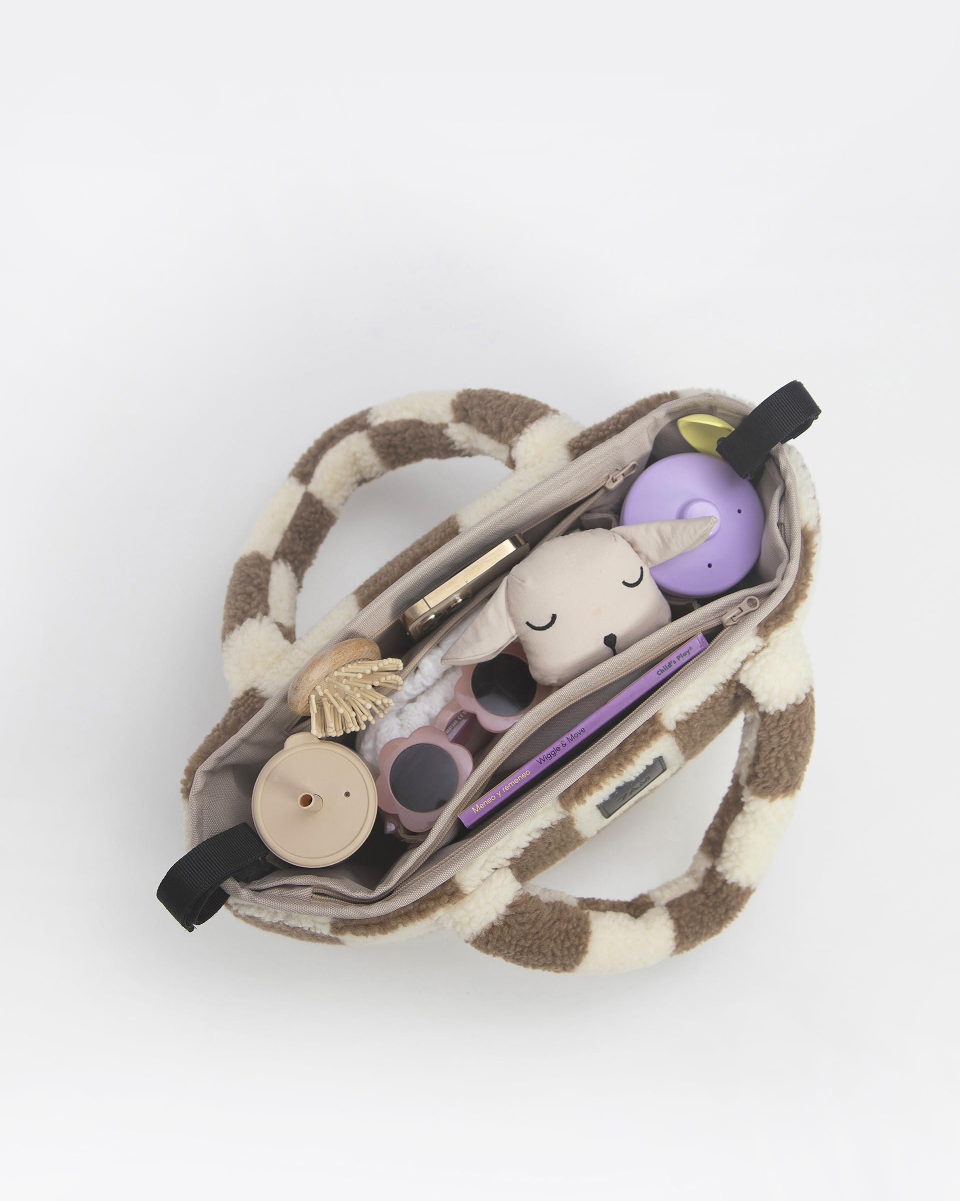7AM Sac de rangement universel pour poussette – Poignées supérieures, panier de poussette avec porte-gobelet, 3 compartiments ouverts, sangles de poussette réglables et poche | (Imprimer Dames Tan)