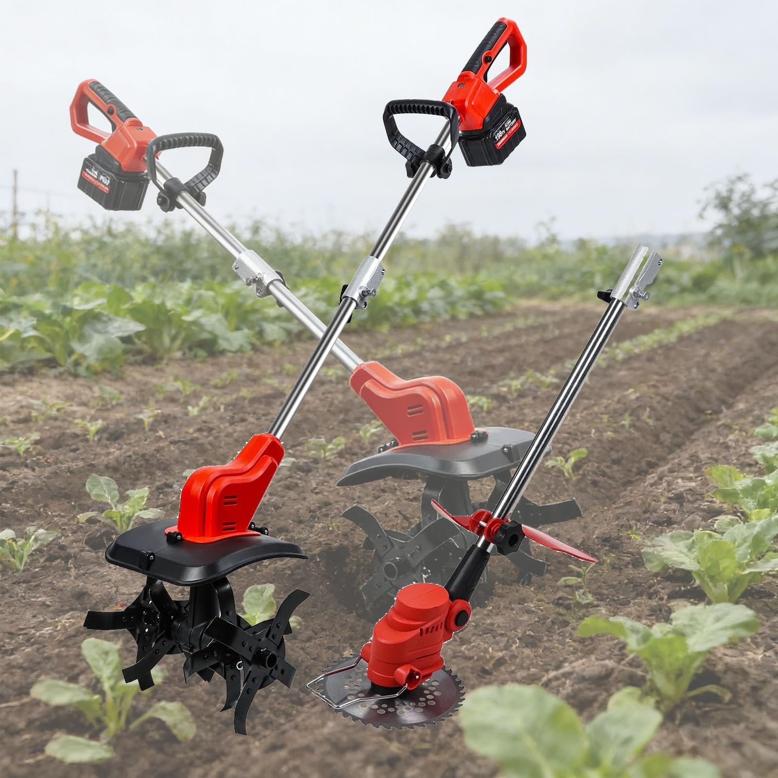Motoazada y Recortadora de jardín eléctrica Multifuncional, cultivadora de Altura Ajustable, batería Recargable, Mango ergonómico for huerto, montaña, huerto.