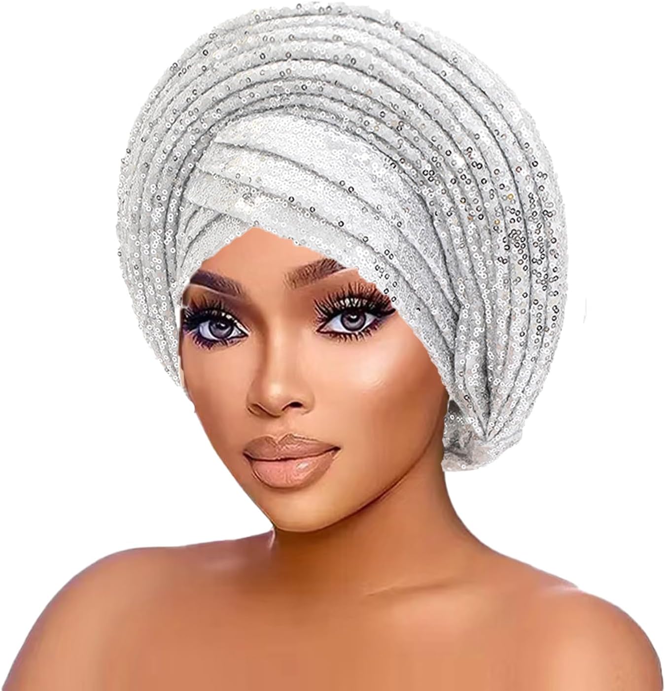 African Ladies Headscarf Auto Gele Headties Party Headdress Sequins Shiny Baotou Hat
