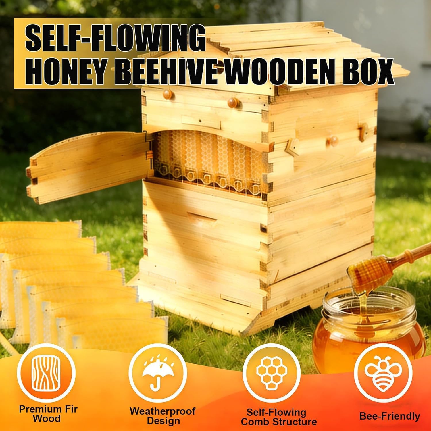 Kit de Inicio de Colmena de Abejas Caja de Abeja Completa con Ventana observación y Boquilla Miel Carpintero para polinizadores jardín para Principiantes,0.1,51×41×26cm