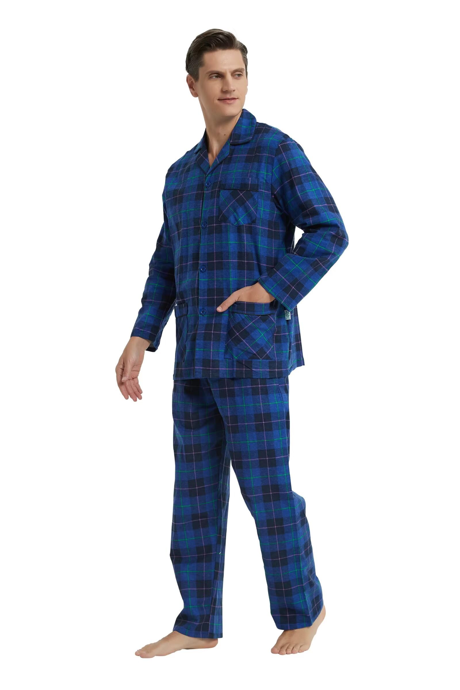 GLOBAL Pijamas para Hombre Franela Cómodo Ropa de Dormir Largo Suave Conjunto de Algodón Hombre Pijamas Manga Larga Botones y Pantalones Cintura Elástica Cordón