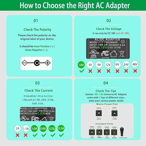 Miniatura 2 de Gonine Cable de fuente de alimentación de 18 V 1 A, certificado UL, 100 V -240 V CA a CC 18 Vdc adaptador de corriente apto para 1.0a 1000ma 0.75a