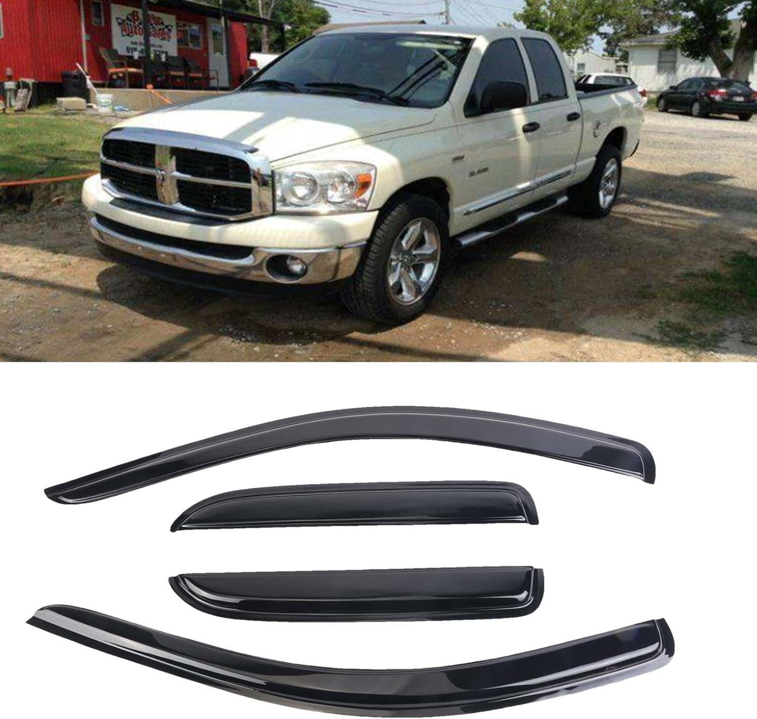 4pcs Window Visors Tape-On for 2002-2008 Dodge Ram 1500, 2003-2009 Ram 2500 & 3500 with Crew/Extended Cab Sun Rain Guard Side Window Wind Deflectors