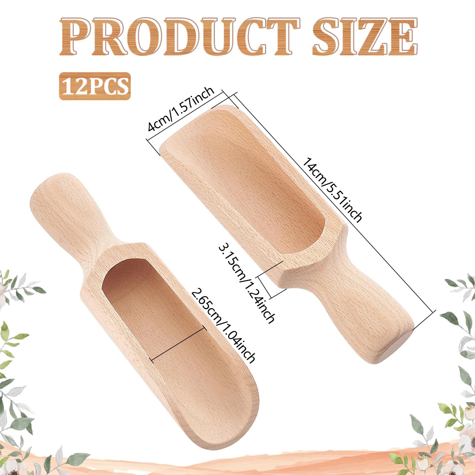 12 Stück Holzschaufel 14cm Buchenholz Bad Salz Scoop Mehrzweck Holzlöffel für Mehl Tee Kaffee Zucker Backen Gewürze Getreide Pfeffer Bad Salz und Mehr