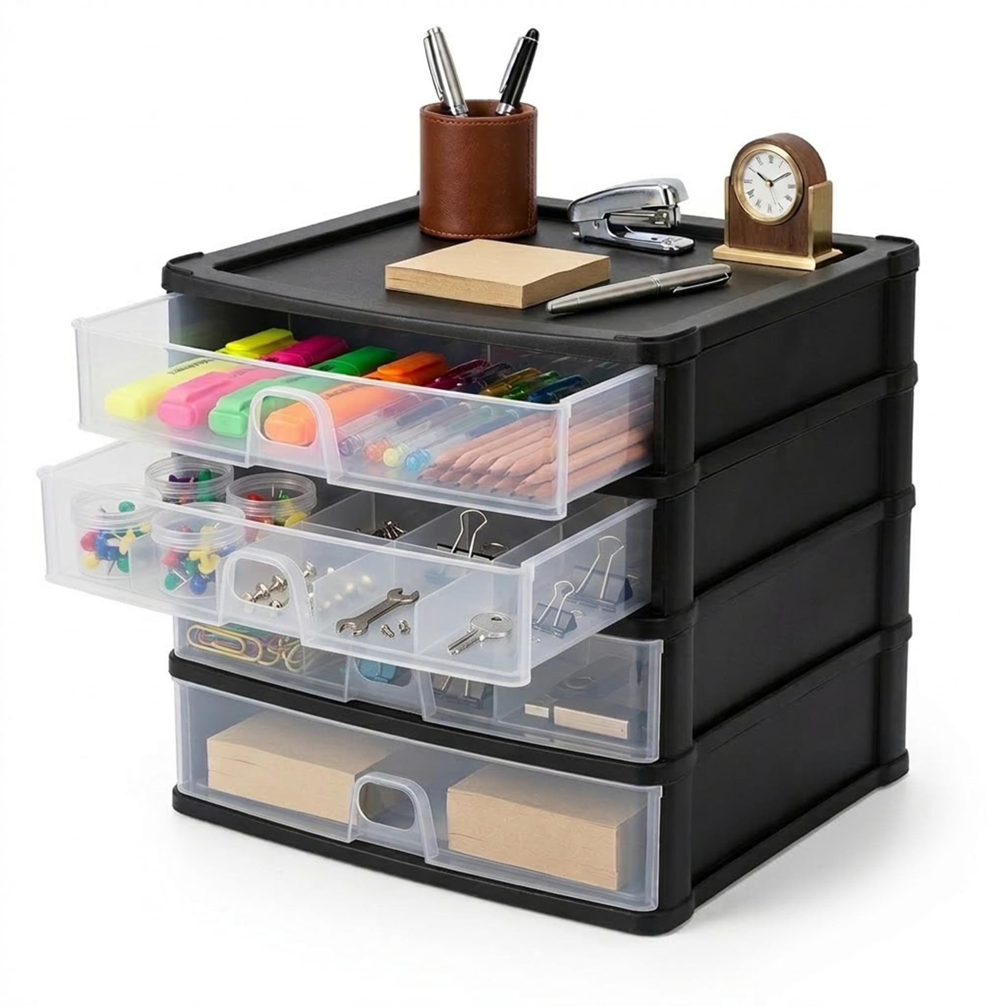 DUAYRA Plastic A4 Drawer Unit, 2Deep & 2Shallow Medium Storage Organisers, Home/Office, Stackable, Bedroom, Bathroom, Desk Tidy, Desktop Tower (Medium 2D 2S Drawers 37800)