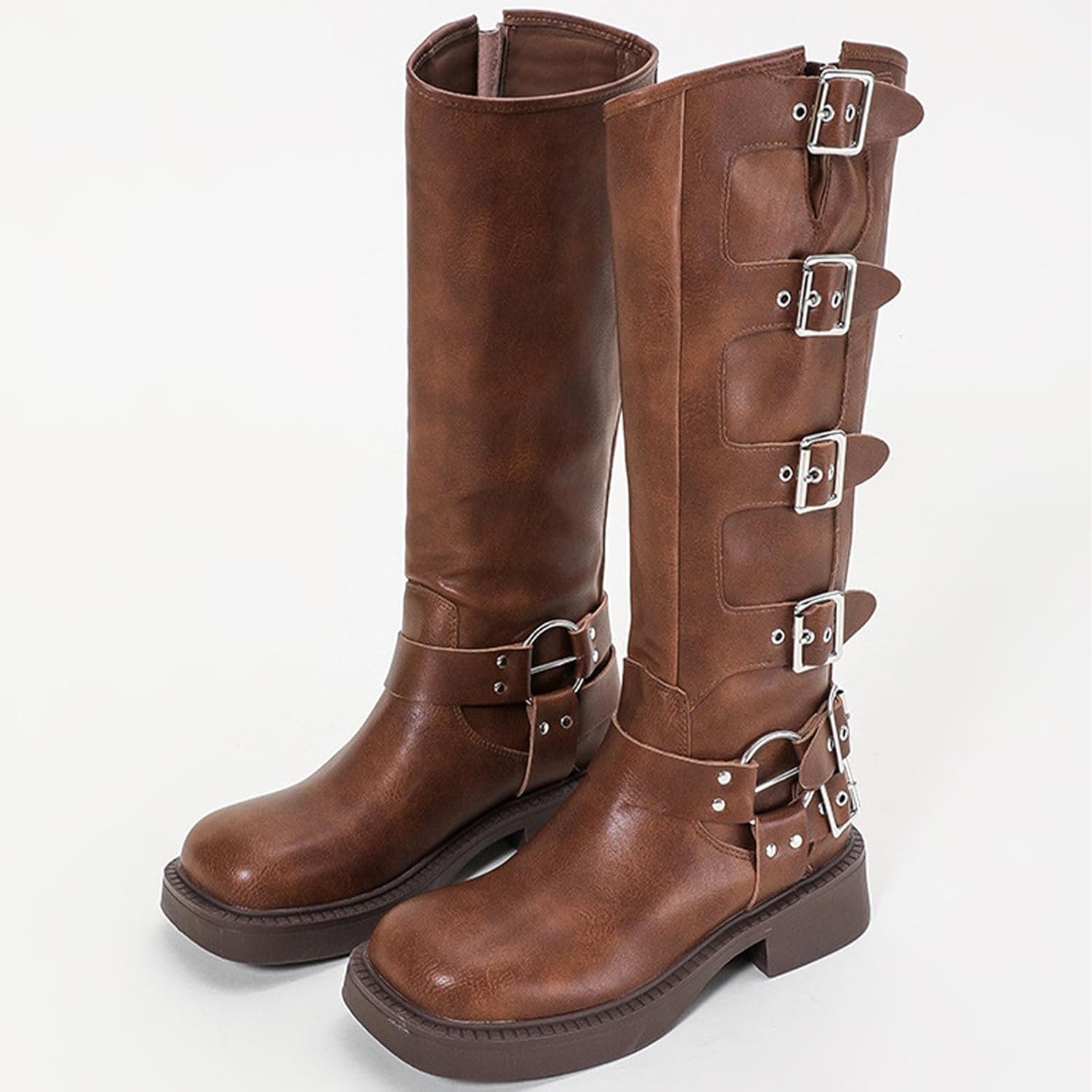 AACHEN New Retro Sexy Exquisite Equestrian Boots for Women, Fashion Round Toe Country Boots with Metal Belt for Parties, Weddings and Catwalk,7,Brown